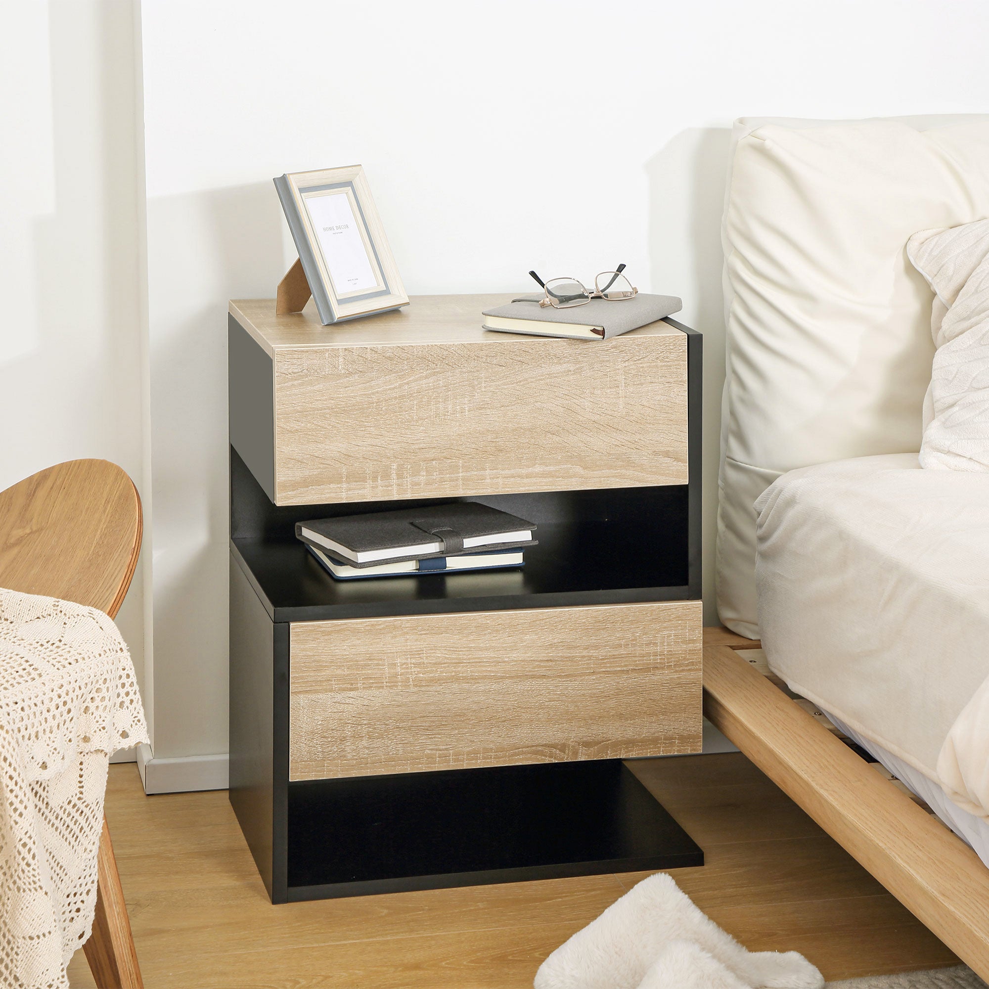 Set of 2 Floating Bedside Tables Hanging Bedside Tables with 1 Drawer and Open Shelf for Bedroom 46x30x30 cm Oak and Black