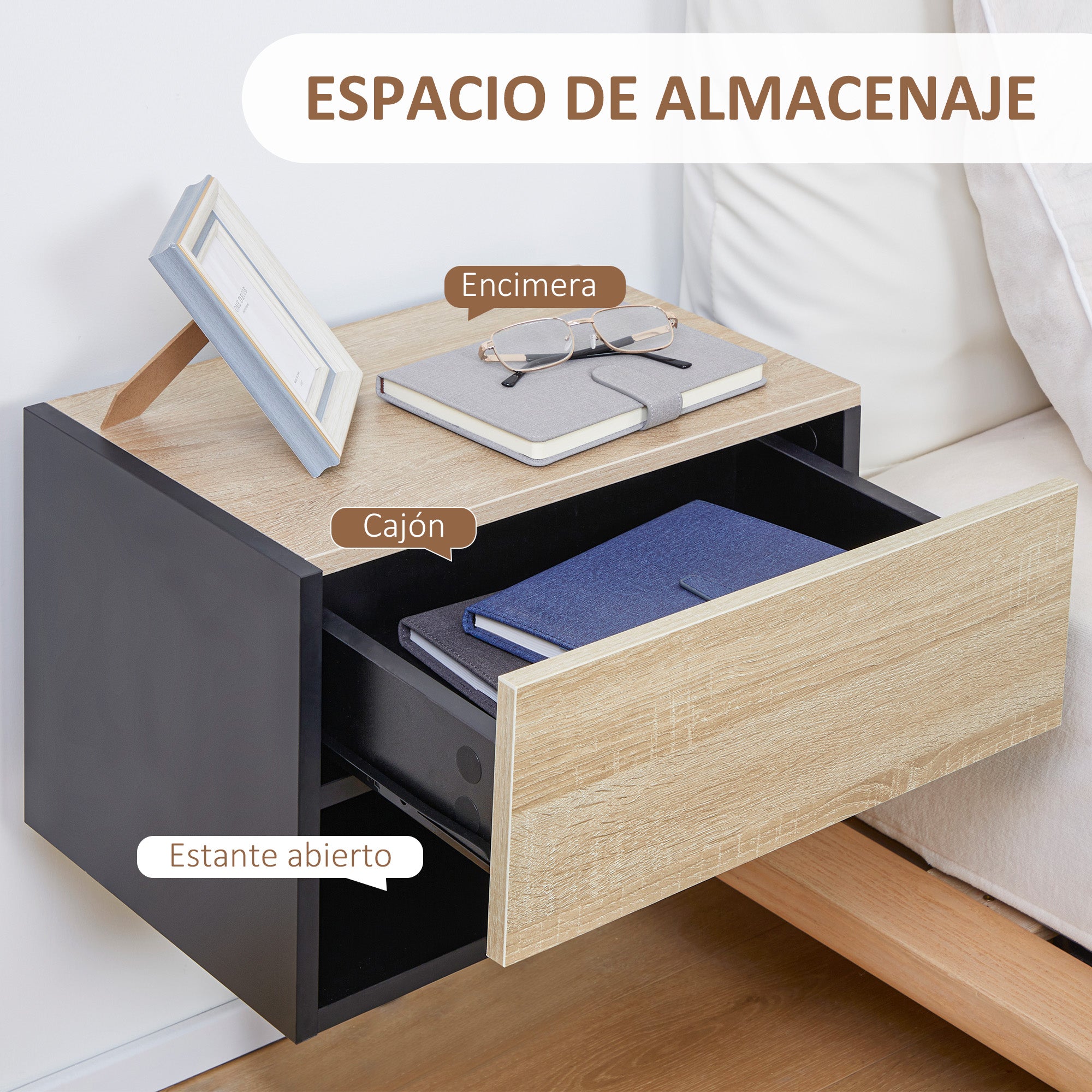 Set of 2 Floating Bedside Tables Hanging Bedside Tables with 1 Drawer and Open Shelf for Bedroom 46x30x30 cm Oak and Black