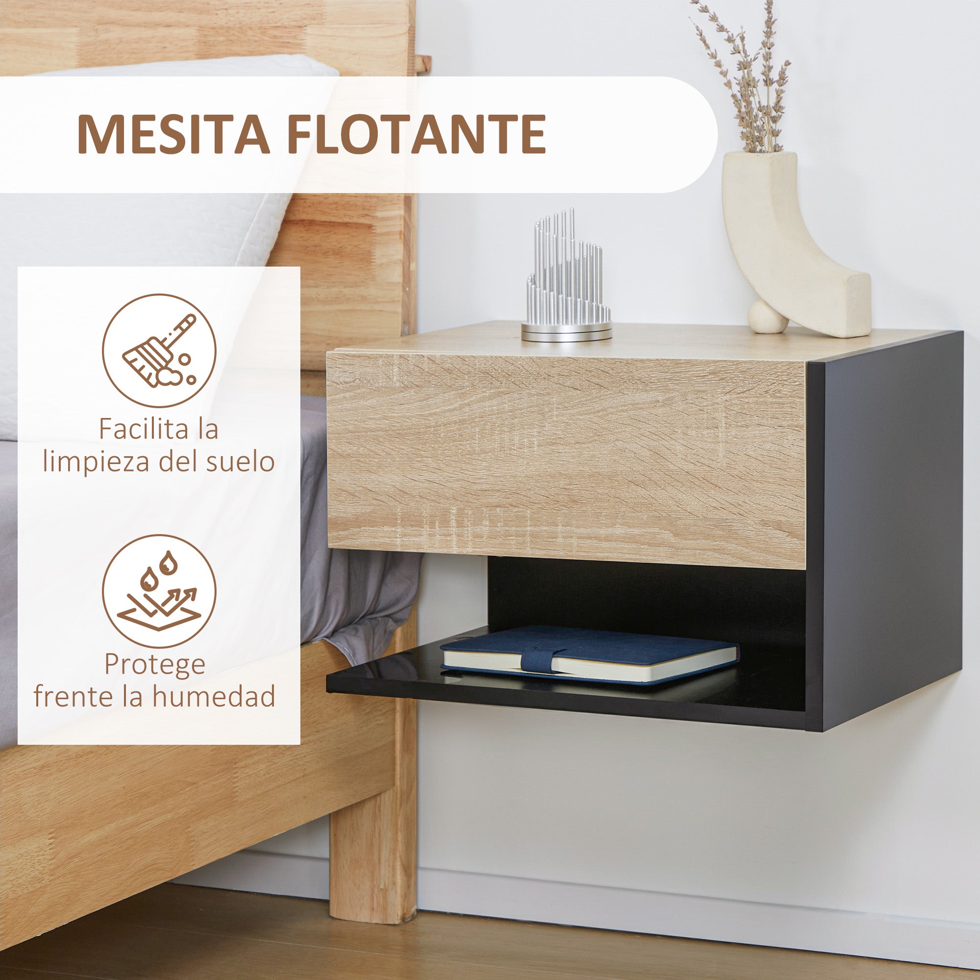 Set of 2 Floating Bedside Tables Hanging Bedside Tables with 1 Drawer and Open Shelf for Bedroom 46x30x30 cm Oak and Black