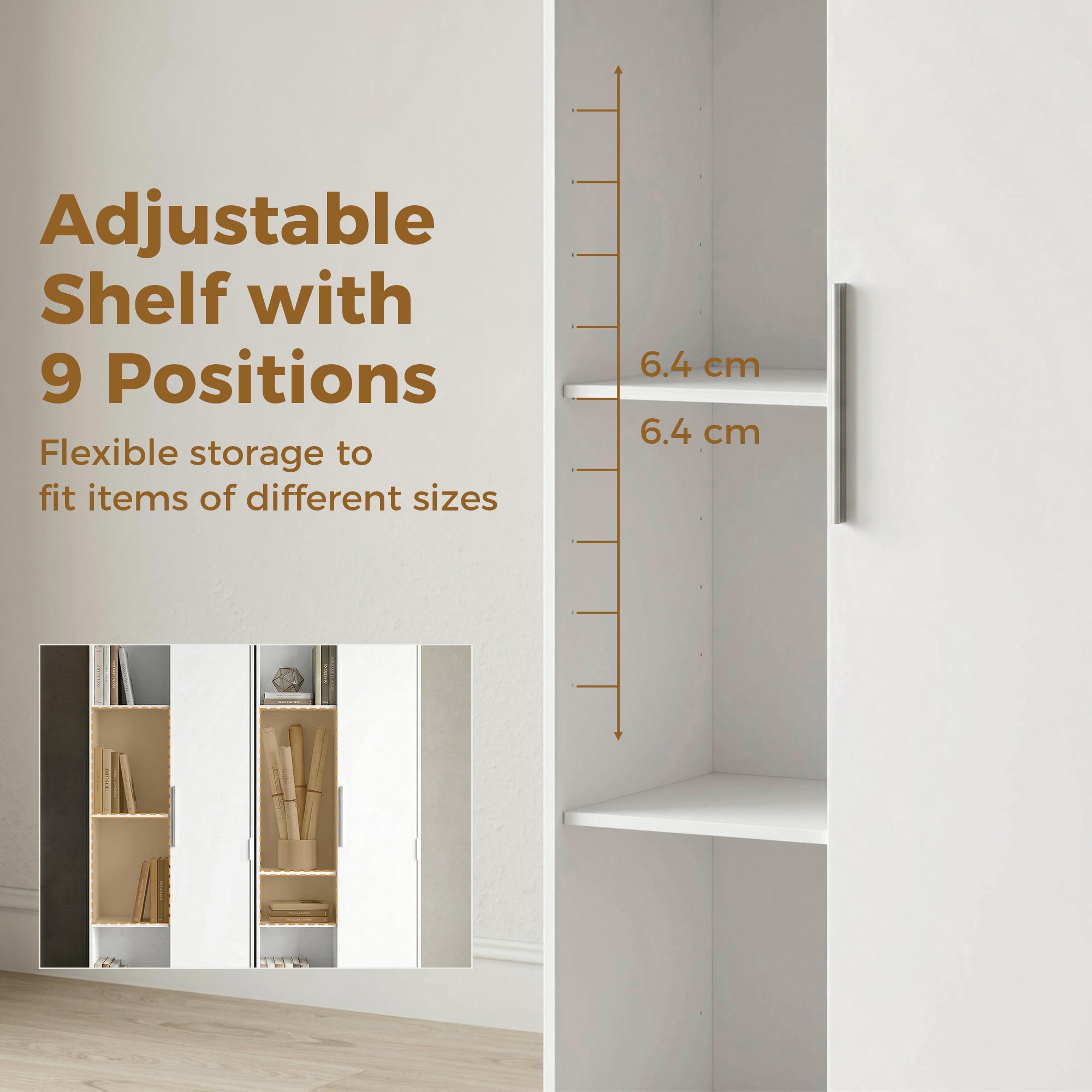 7-Tier Bookcase with Door, 4 Open Shelves & Adjustable Shelves — Modern Free-Standing Shelf 23.6 x 13.8 x 63 in (60 x 35 x 160 cm) — White