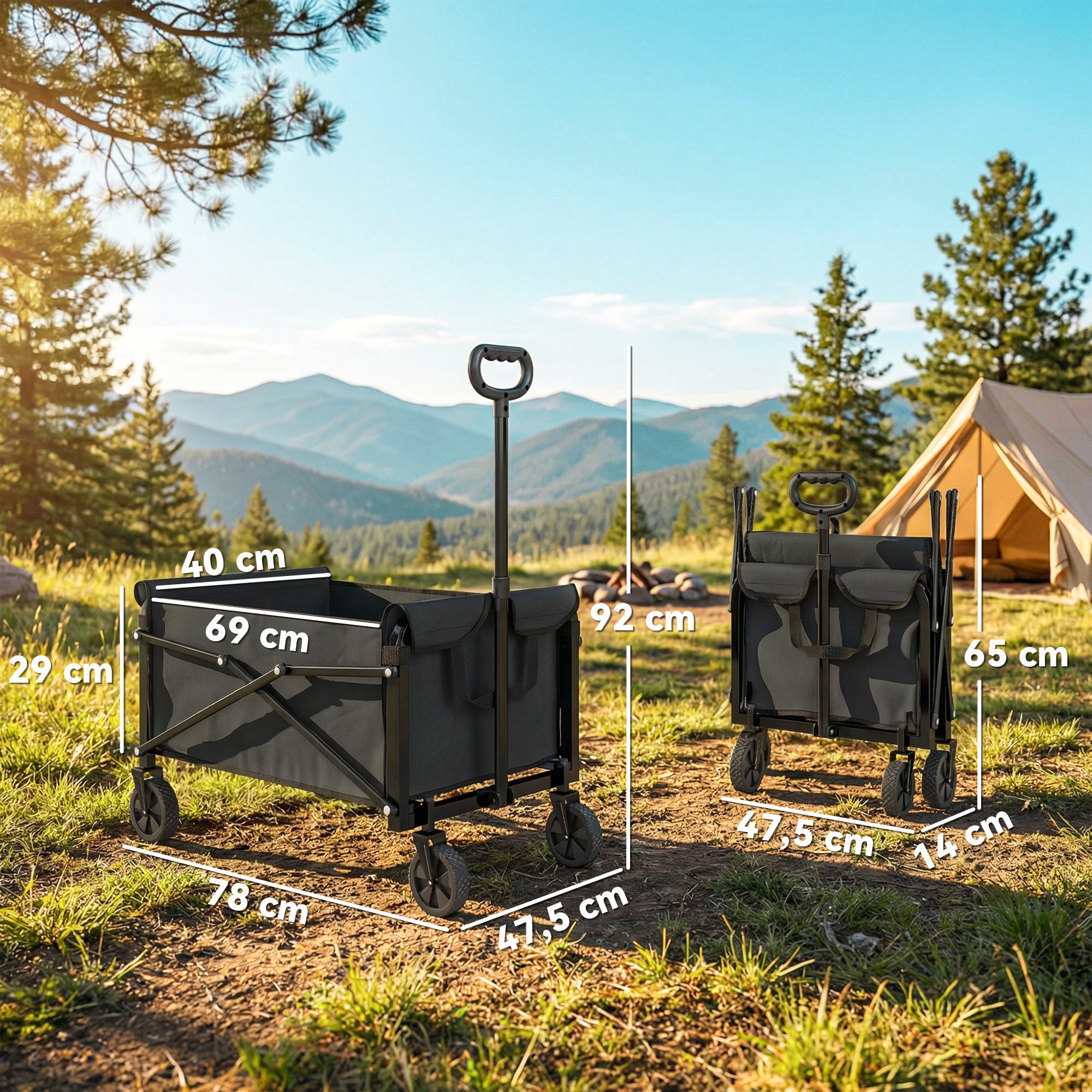 Folding Wagon 81 L Compact Collapsible Hand Cart with Adjustable Handle, Brake — 50 kg Capacity, Garden & Shopping Utility Cart