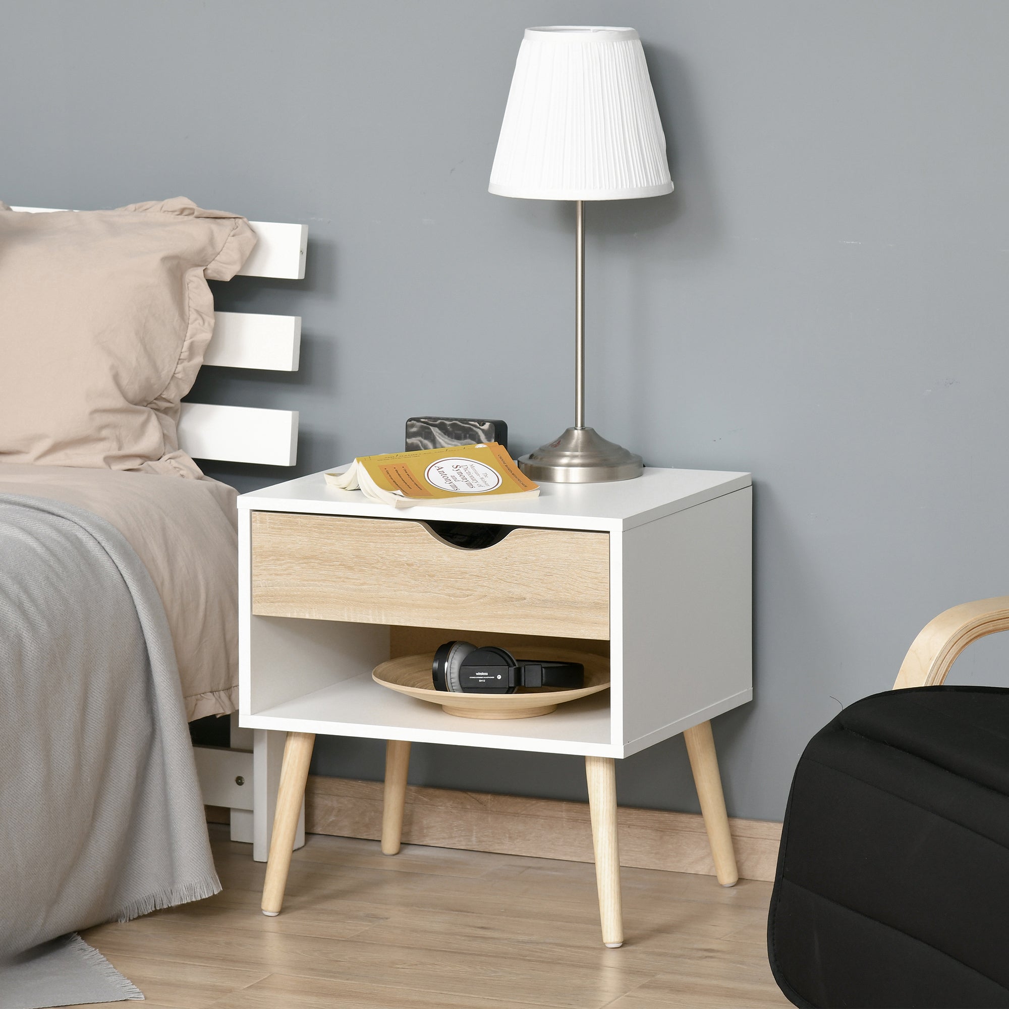 Bedside Table, Night Stand, with Drawer, Modern Design, Solid Wood Legs, 50 x 39 x 51 cm, White and Natural Wood