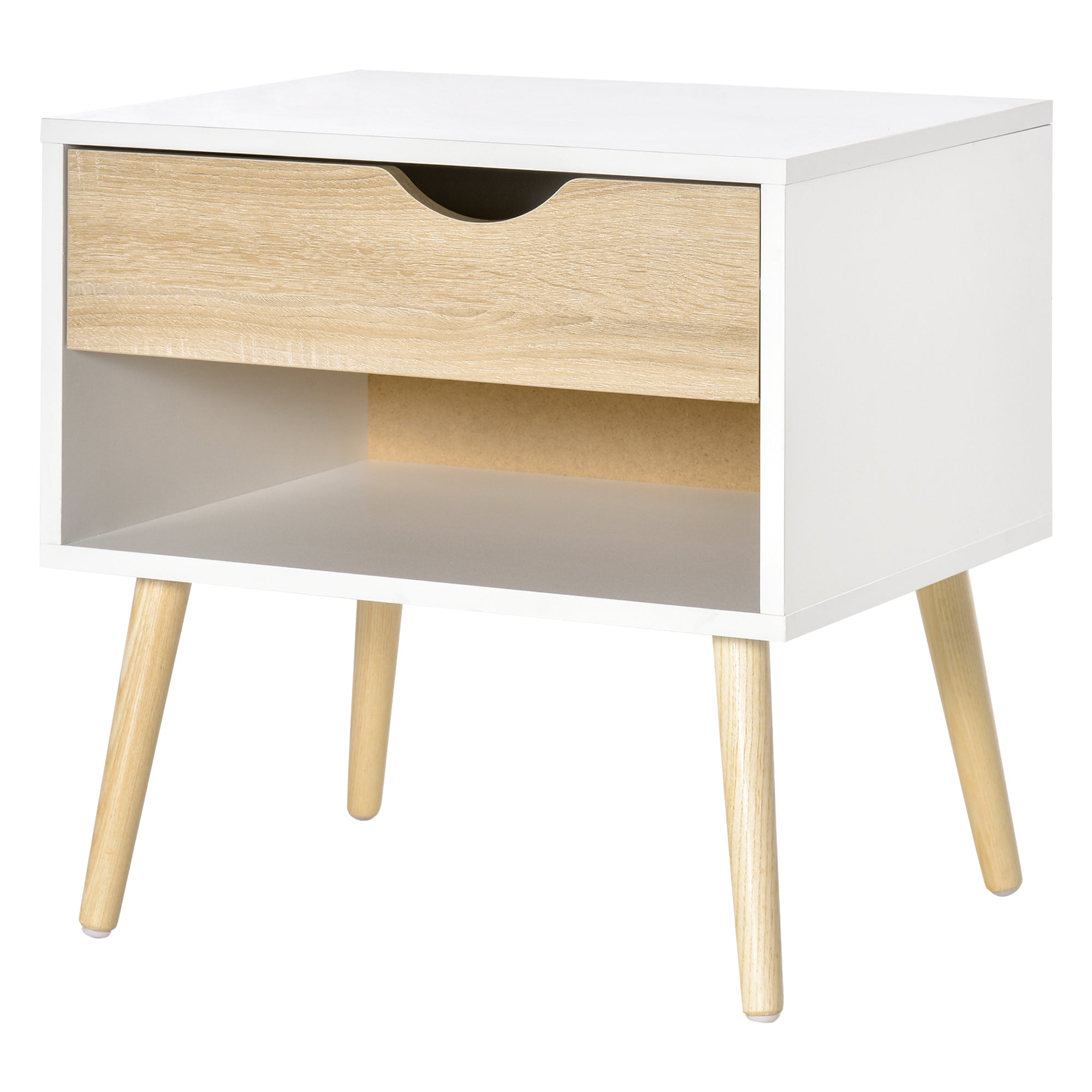Bedside Table, Night Stand, with Drawer, Modern Design, Solid Wood Legs, 50 x 39 x 51 cm, White and Natural Wood