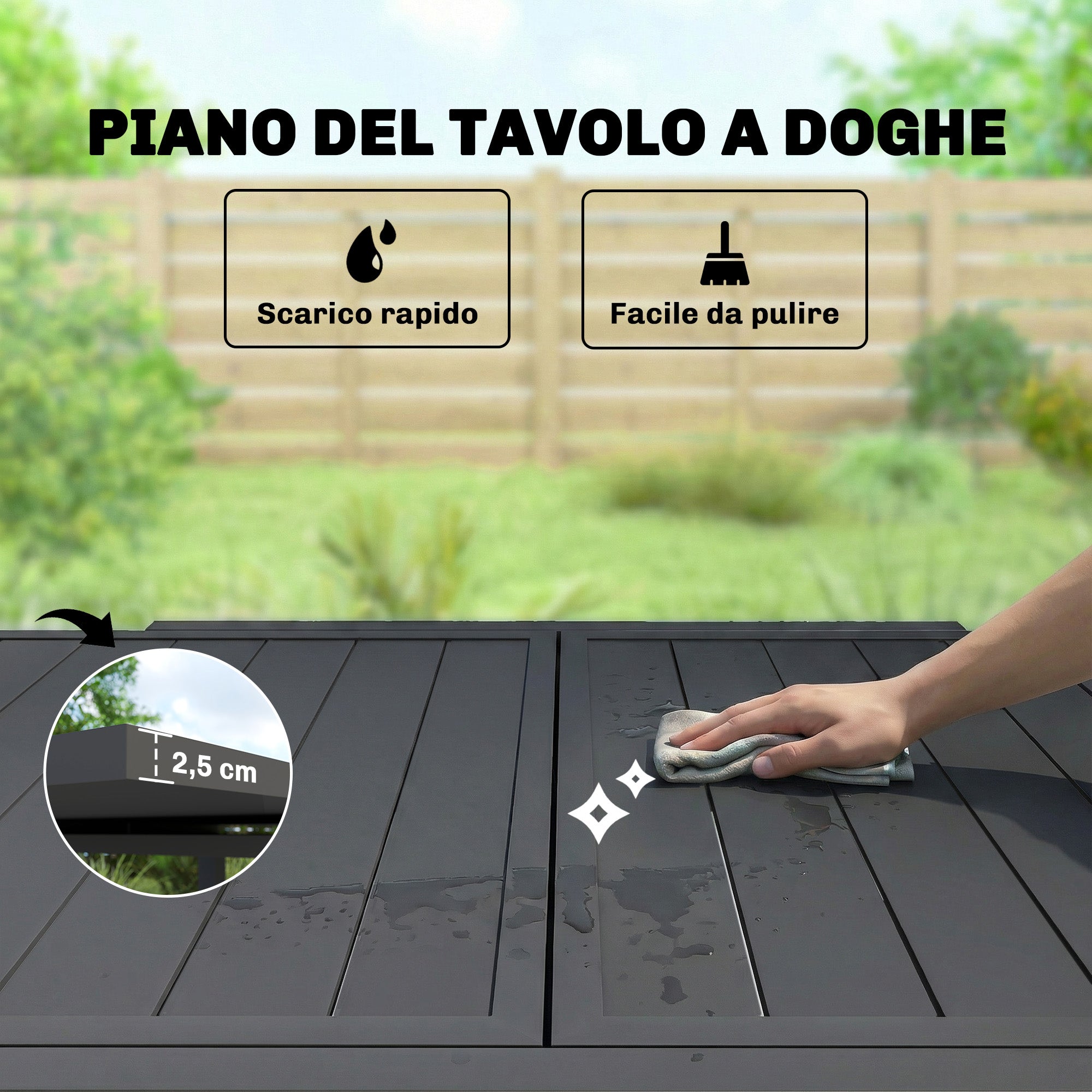 Extendable Outdoor Dining Table for 4–6, 31.5/63 x 31.5 in (80/160 x 80 cm) — Black Powder-Coated Aluminum Slatted Top