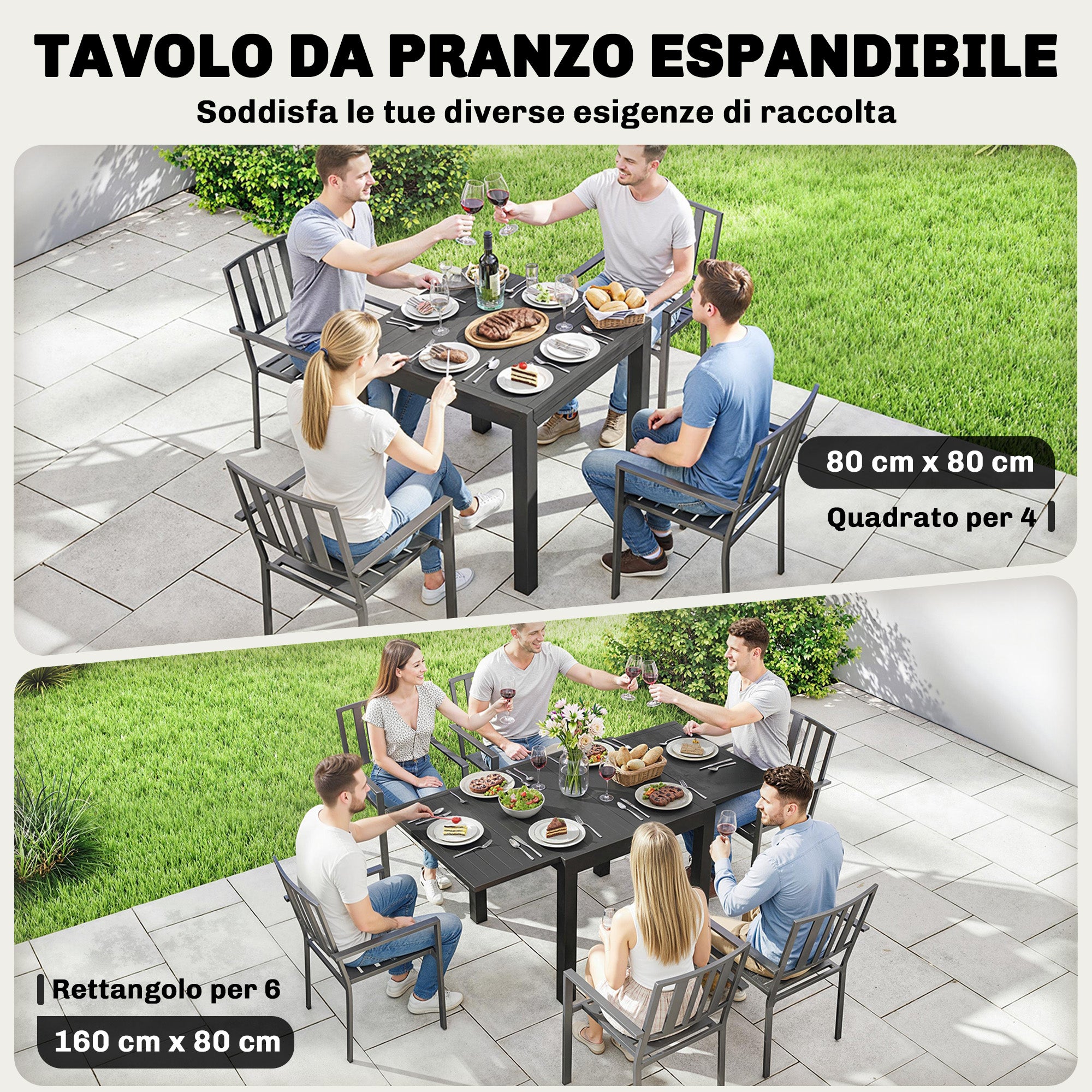 Extendable Outdoor Dining Table for 4–6, 31.5/63 x 31.5 in (80/160 x 80 cm) — Black Powder-Coated Aluminum Slatted Top