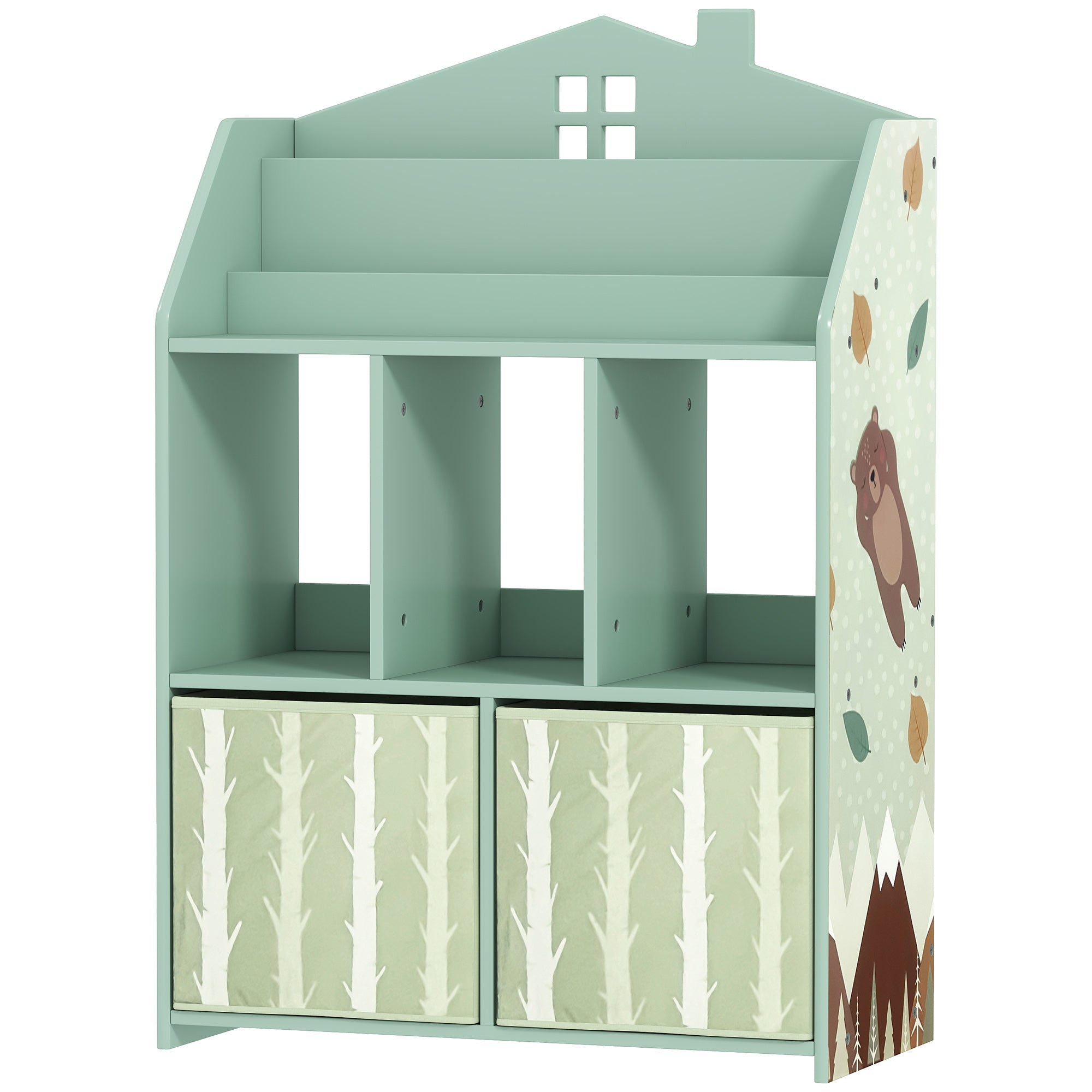 Children's Toy Shelf with Fabric Drawers, Open Shelves & Bear Design, Organizer for Bedroom, Playroom, Nursery — Green