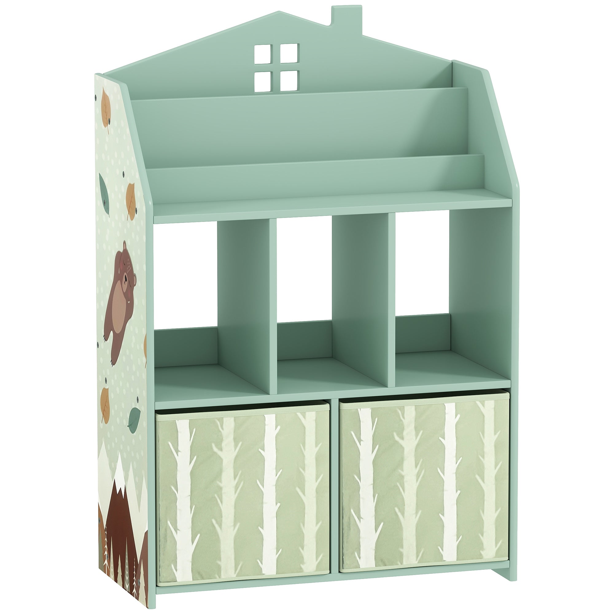 Children's Toy Shelf with Fabric Drawers, Open Shelves & Bear Design, Organizer for Bedroom, Playroom, Nursery — Green