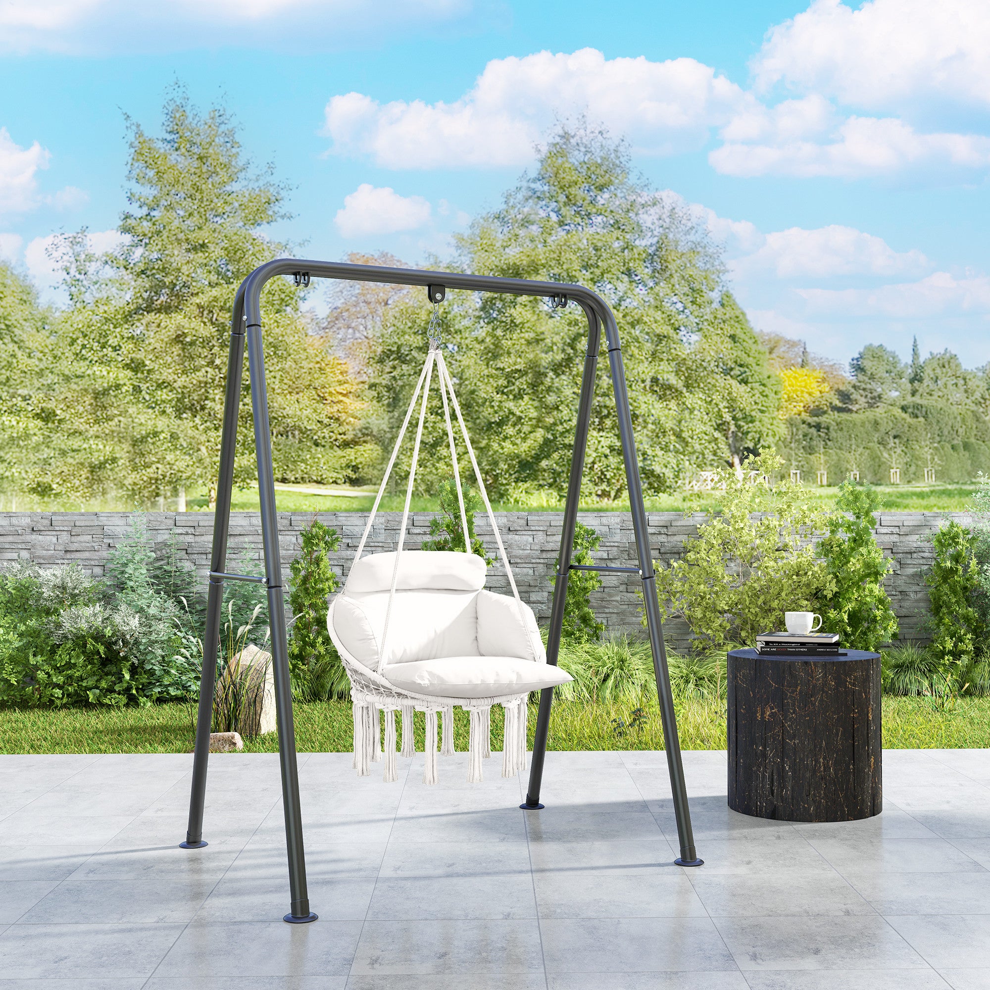 Hanging Chair with Large Padded Cushion, Fringed Hanging Chair, Suspension Kit Included, Steel Frame Hammock, Tight Weave, Cream