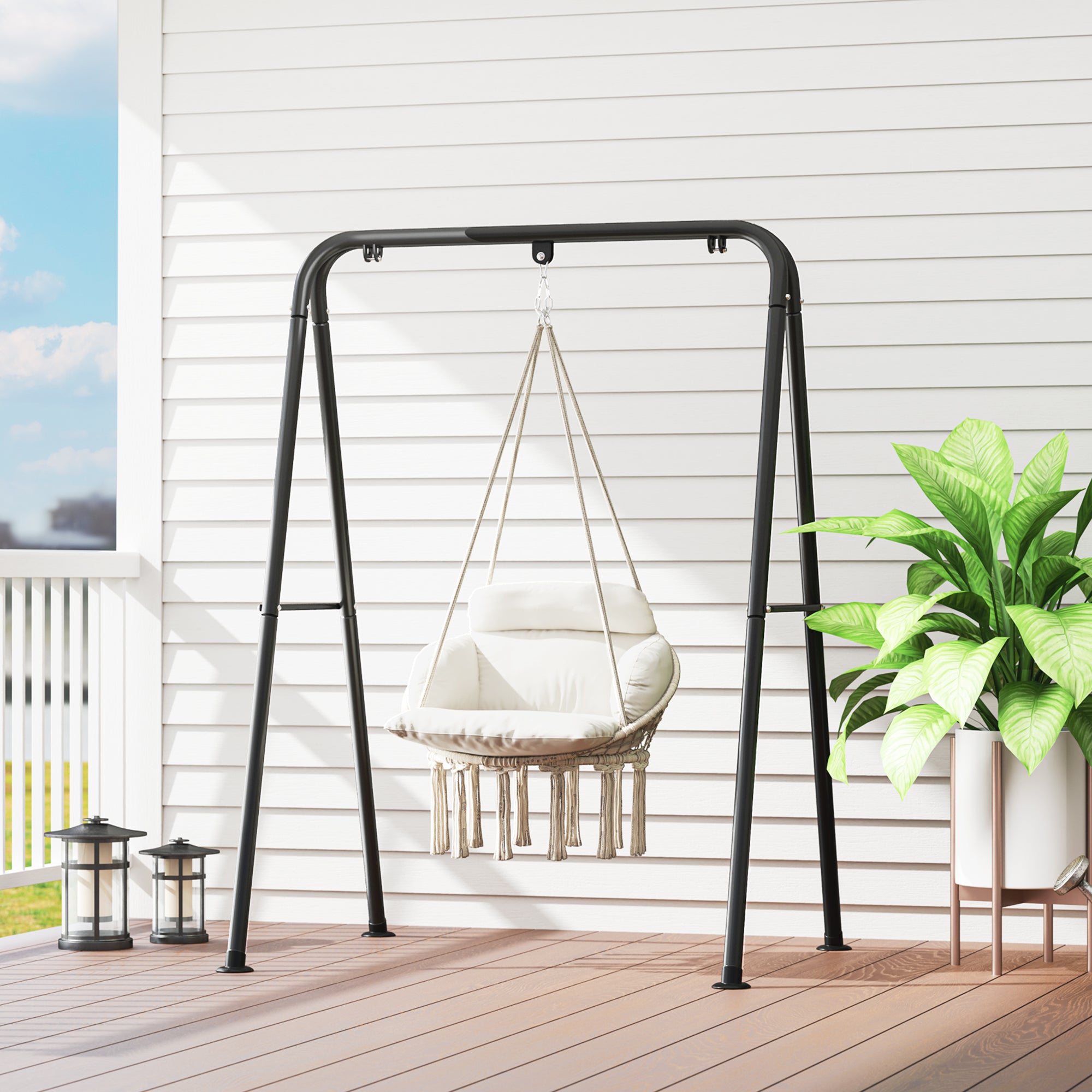 Hanging Chair with Large Padded Cushion, Fringed Hanging Chair, Suspension Kit Included, Steel Frame Hammock, Tight Weave, Cream