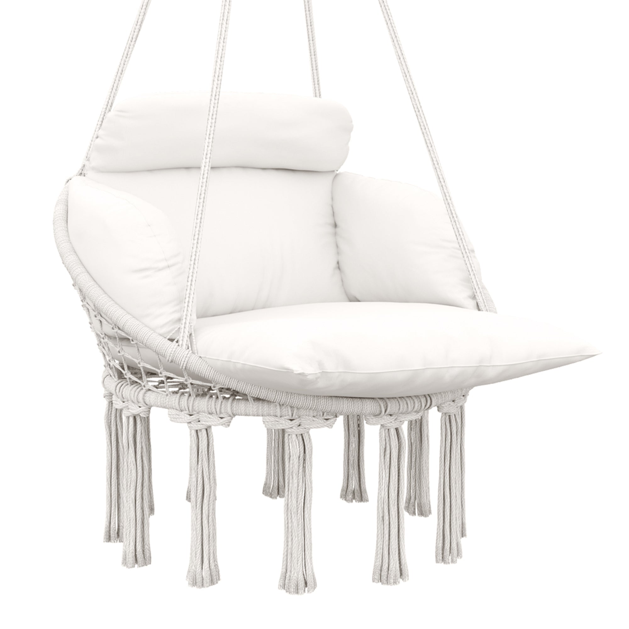 Hanging Chair with Large Padded Cushion, Fringed Hanging Chair, Suspension Kit Included, Steel Frame Hammock, Tight Weave, Cream