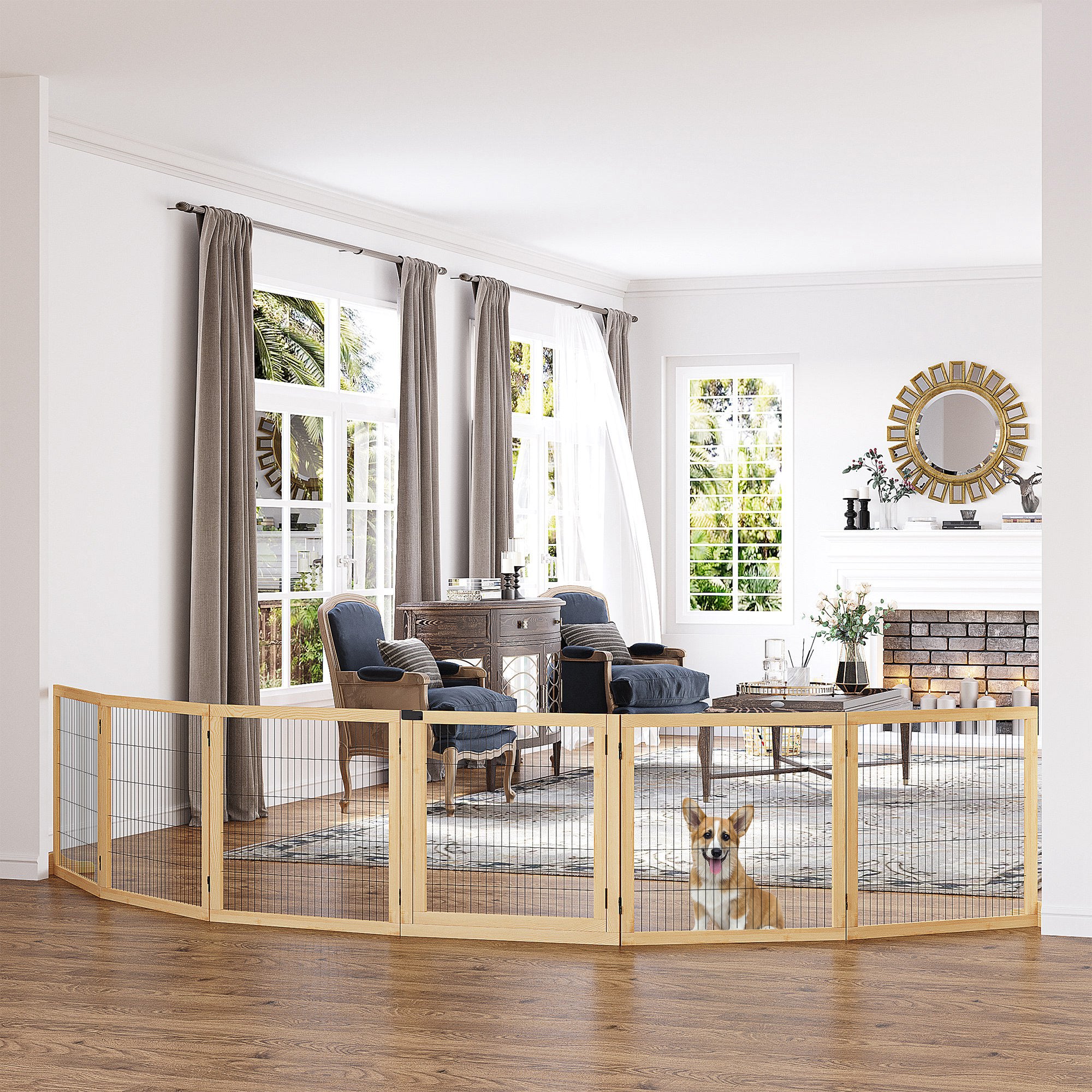 Dog Gate Adjustable Pet Safety Gate with Feet 432 x 70 cm Wood Dog Barrier Foldable Stair Gate Dog Safety Gate for Stairs, Doors, Hallway, 6 Panels, Natural Wood