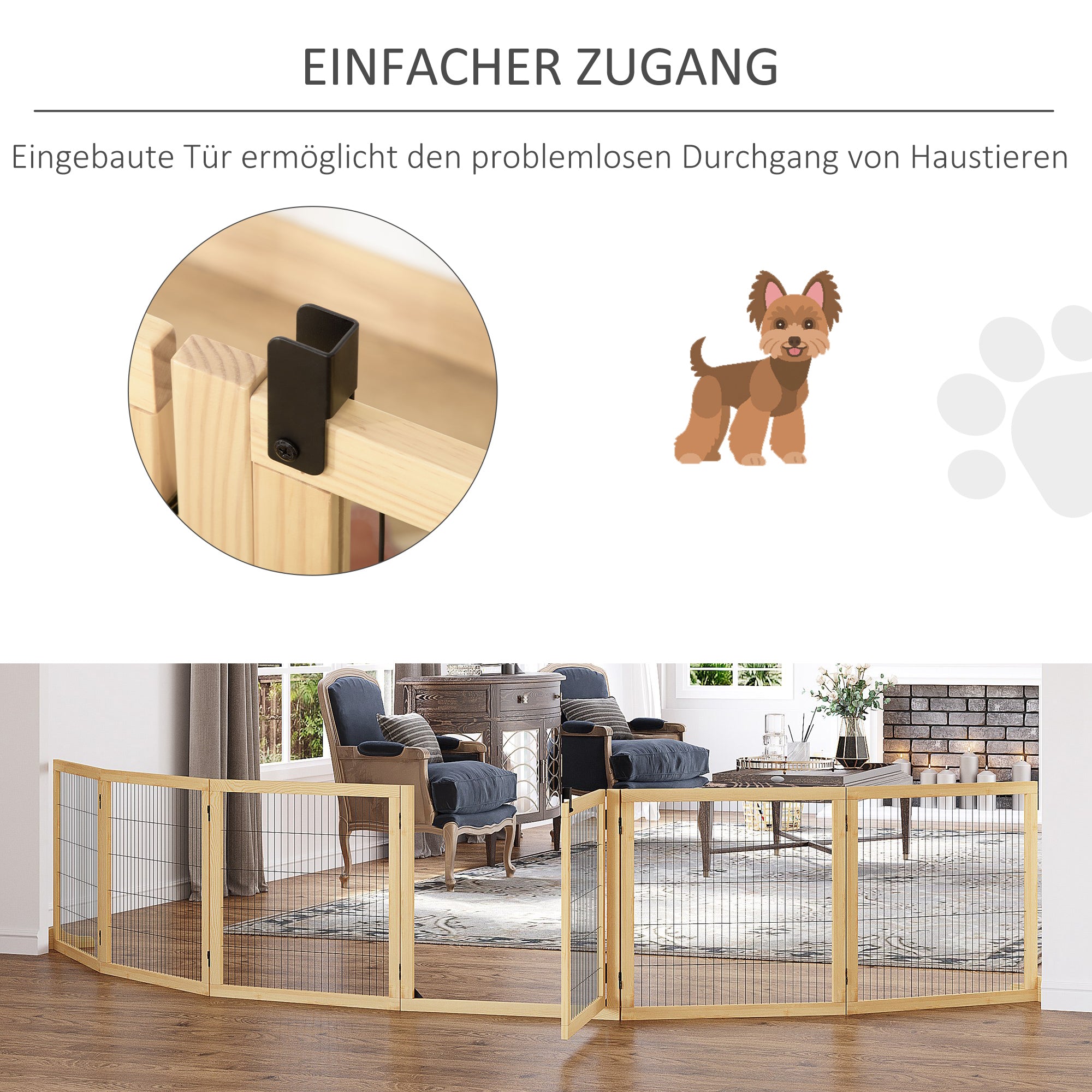 Dog Gate Adjustable Pet Safety Gate with Feet 432 x 70 cm Wood Dog Barrier Foldable Stair Gate Dog Safety Gate for Stairs, Doors, Hallway, 6 Panels, Natural Wood