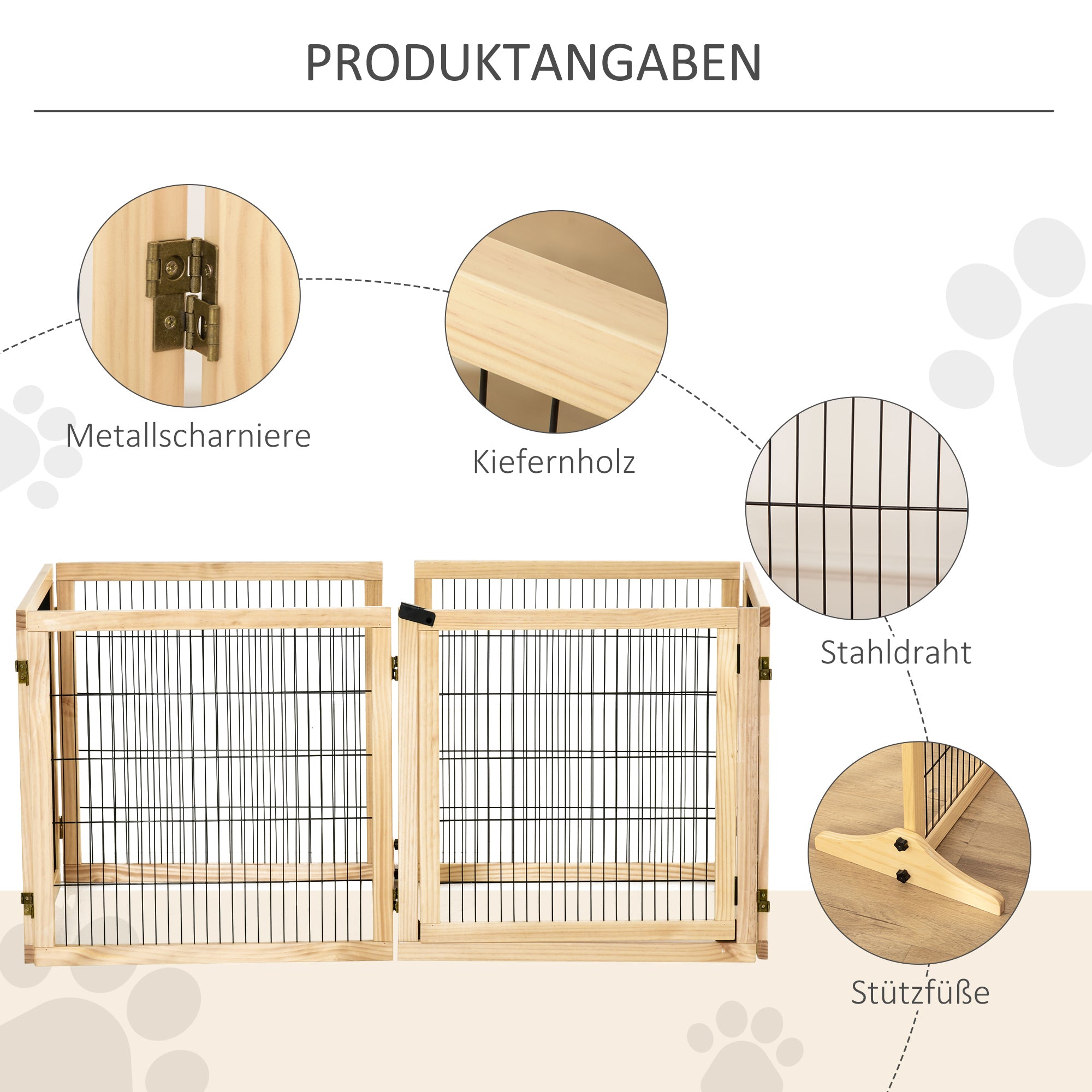 Dog Gate Adjustable Pet Safety Gate with Feet 432 x 70 cm Wood Dog Barrier Foldable Stair Gate Dog Safety Gate for Stairs, Doors, Hallway, 6 Panels, Natural Wood