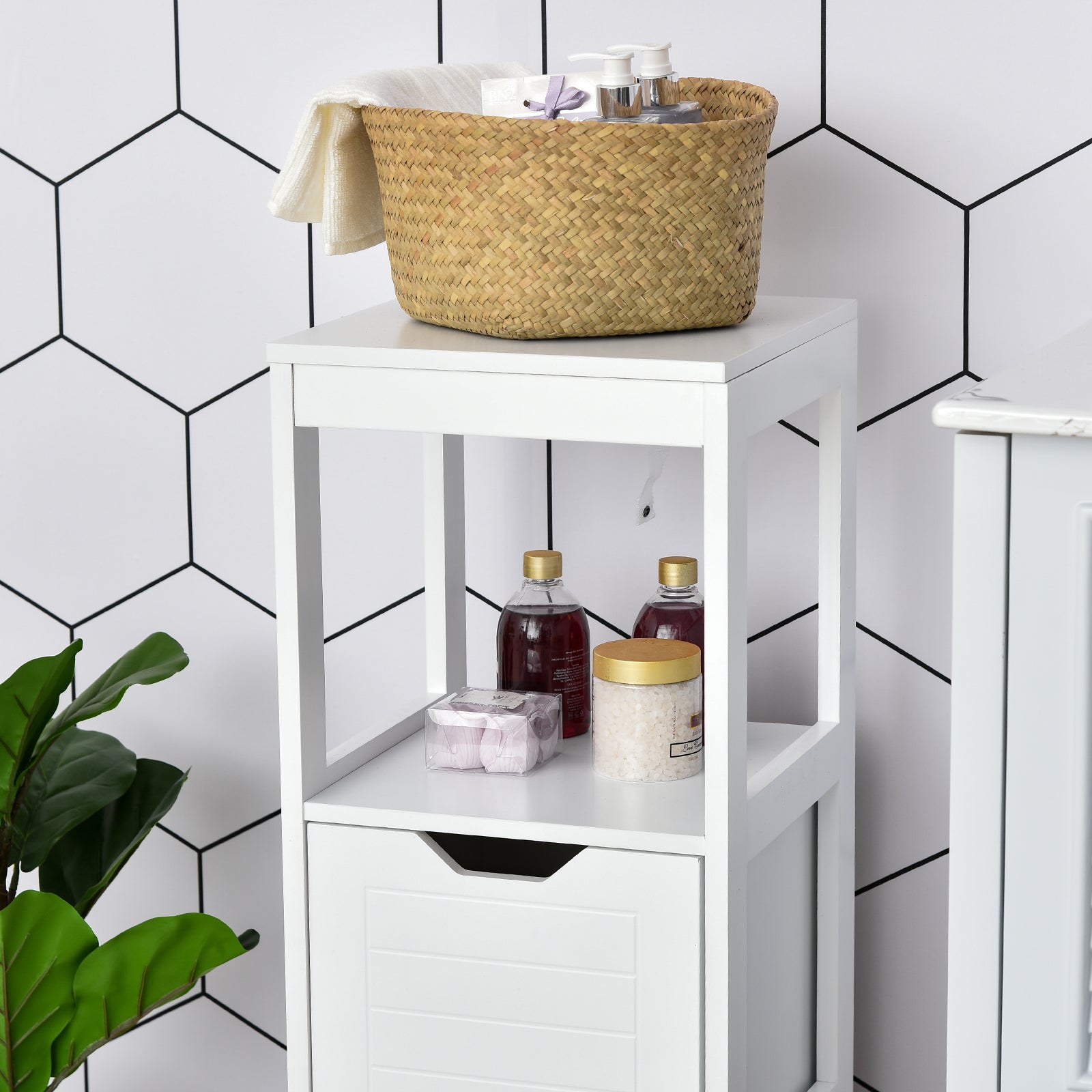 Bathroom Cabinet Multifunctional Storage Cabinet with Open Shelf 2 Storage Drawers Anti-Tip Design 30x30x89 cm White