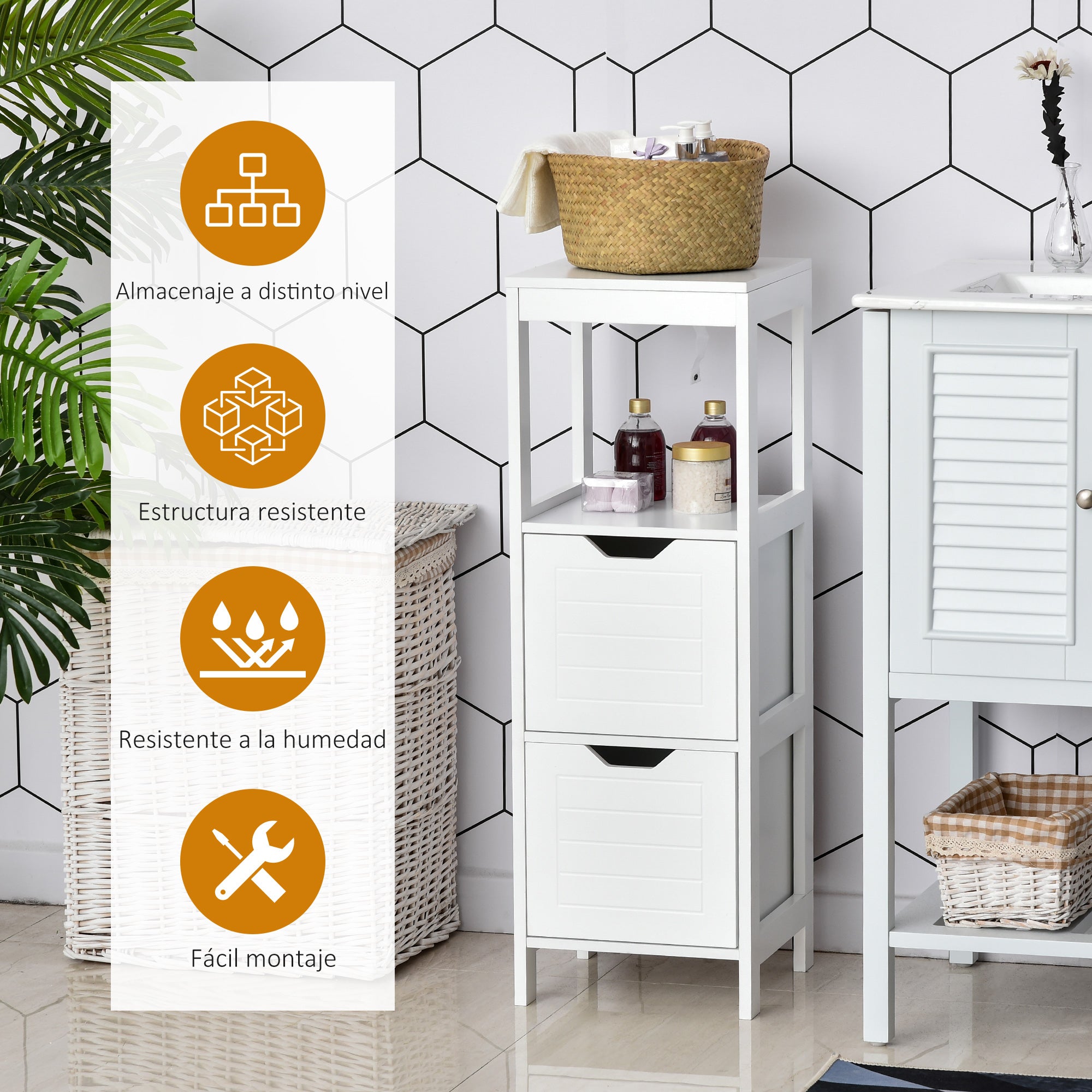 Bathroom Cabinet Multifunctional Storage Cabinet with Open Shelf 2 Storage Drawers Anti-Tip Design 30x30x89 cm White