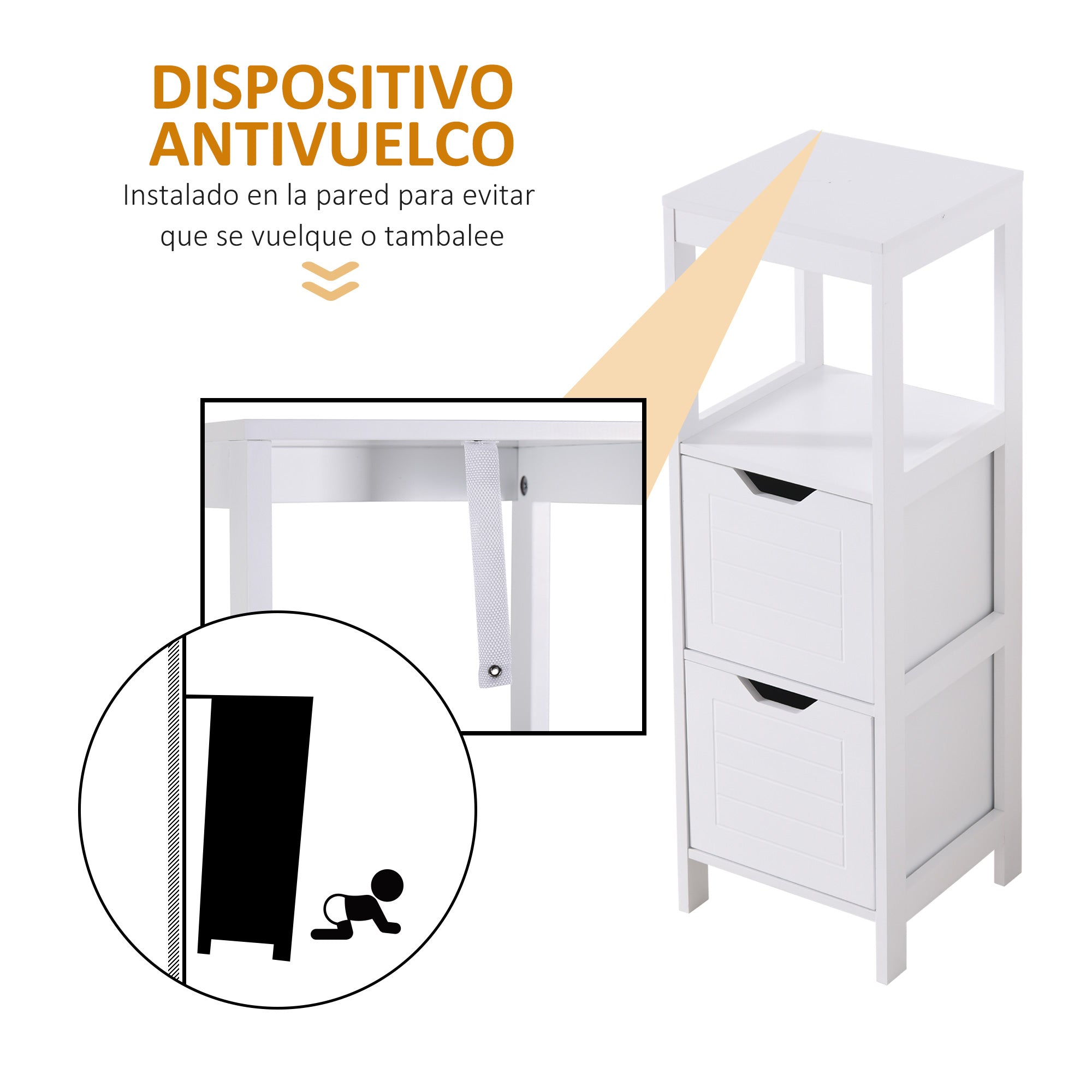 Bathroom Cabinet Multifunctional Storage Cabinet with Open Shelf 2 Storage Drawers Anti-Tip Design 30x30x89 cm White