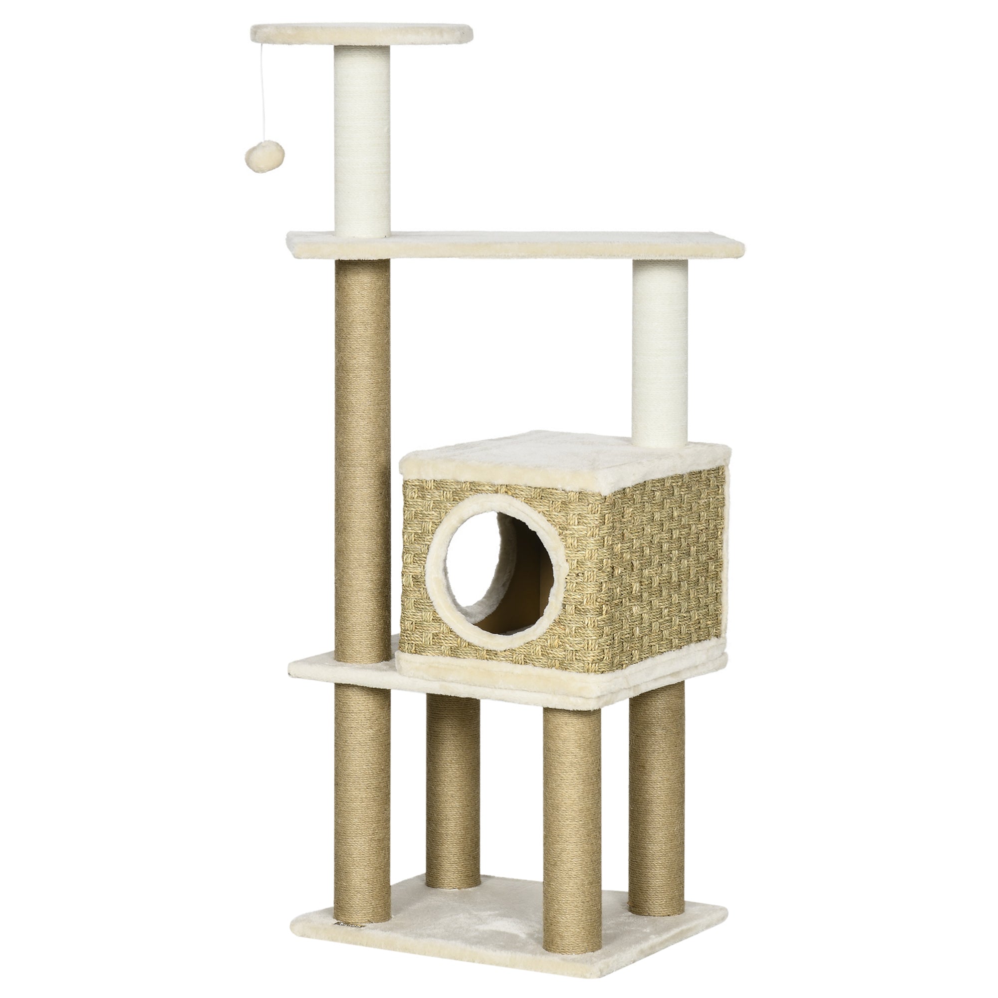 Cat Tree Climbing Scratcher for Cats 128 cm High Cozy Chic Style Hideaway Platforms Hanging Ball Short Plush Beige