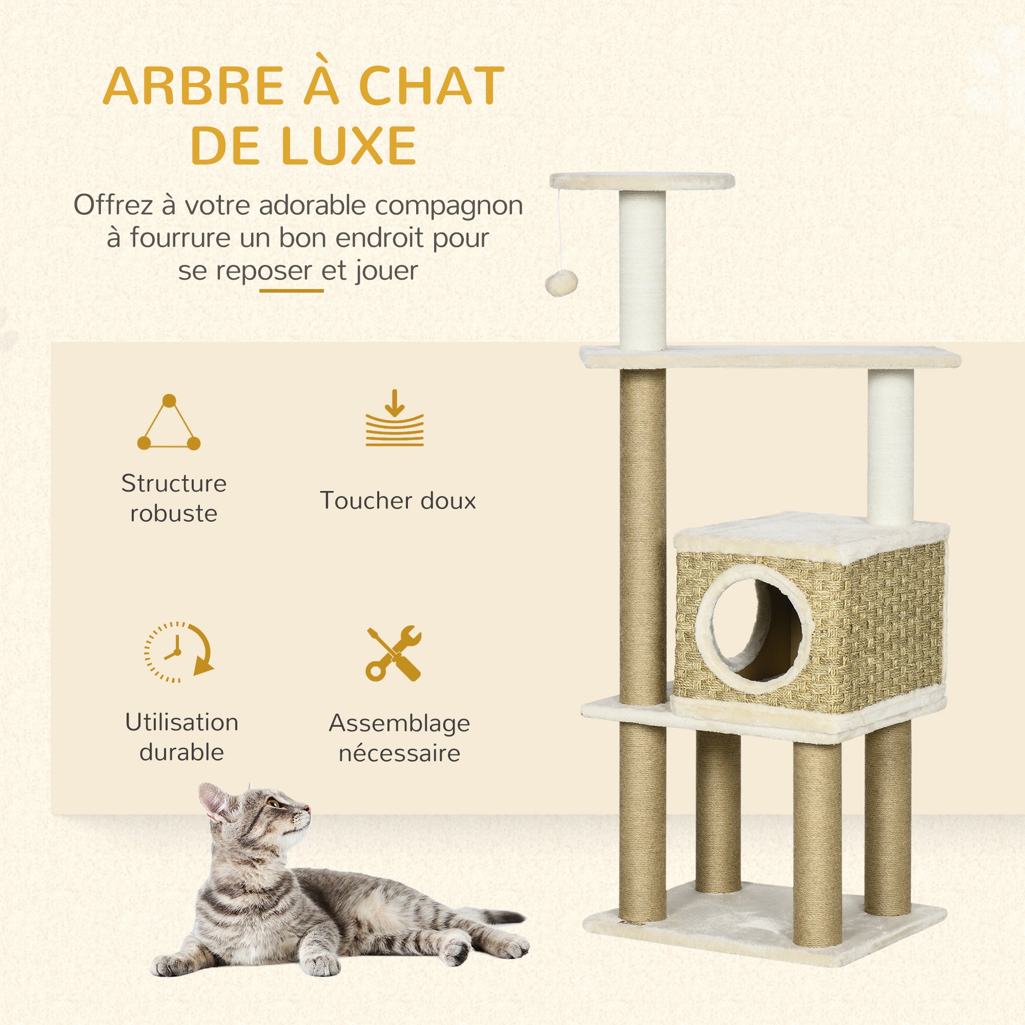 Cat Tree Climbing Scratcher for Cats 128 cm High Cozy Chic Style Hideaway Platforms Hanging Ball Short Plush Beige