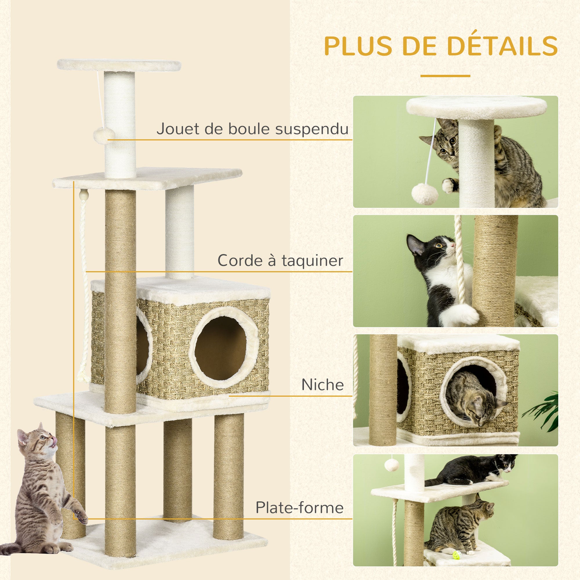 Cat Tree Climbing Scratcher for Cats 128 cm High Cozy Chic Style Hideaway Platforms Hanging Ball Short Plush Beige