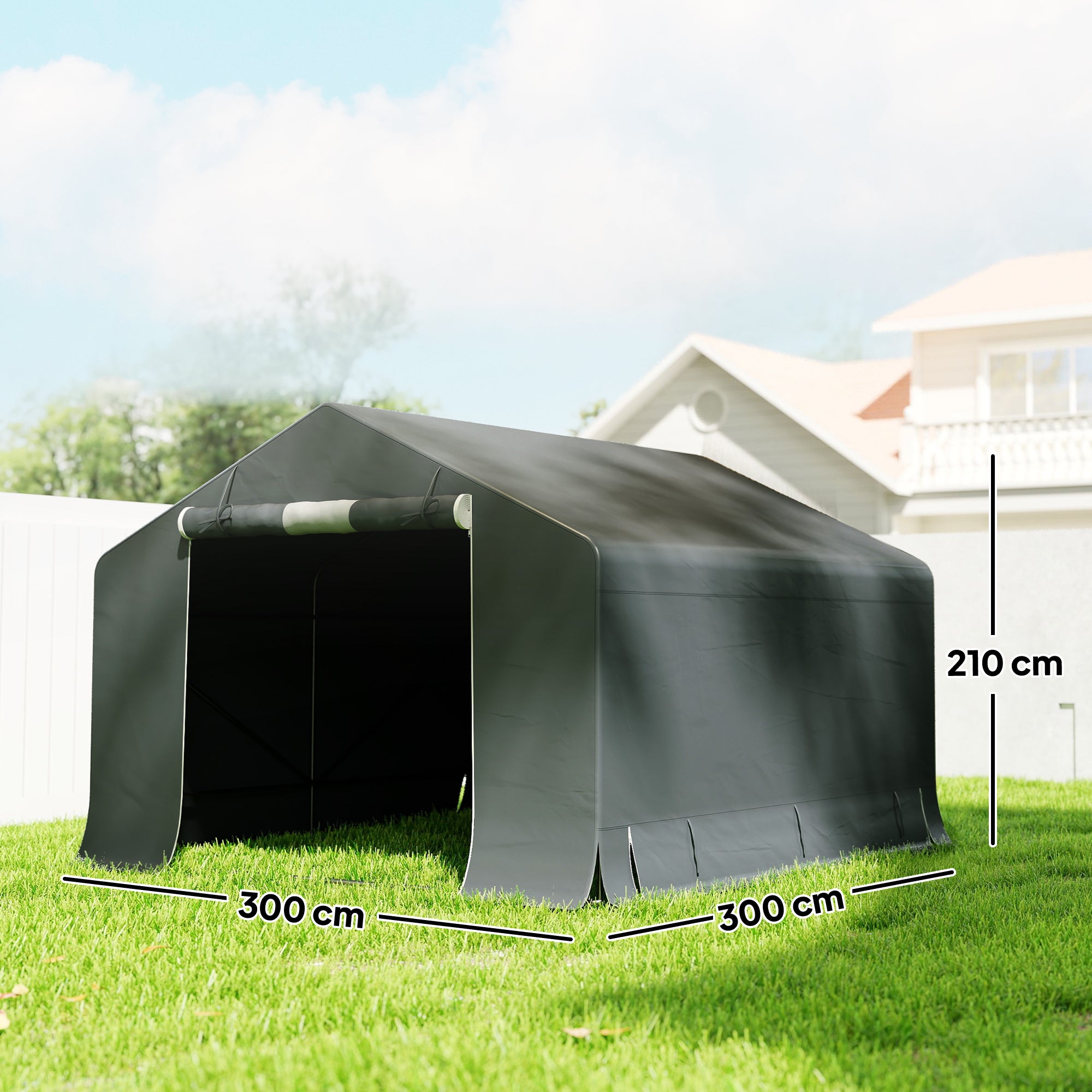 Waterproof Garage Tent 3 x 3 x 2.1 m (9.8 x 9.8 x 6.9 ft) — Roll-Up Zipper Door, Side Vent Window, Weatherproof Storage Shed for Bikes & Garden Tools, Dark Gray