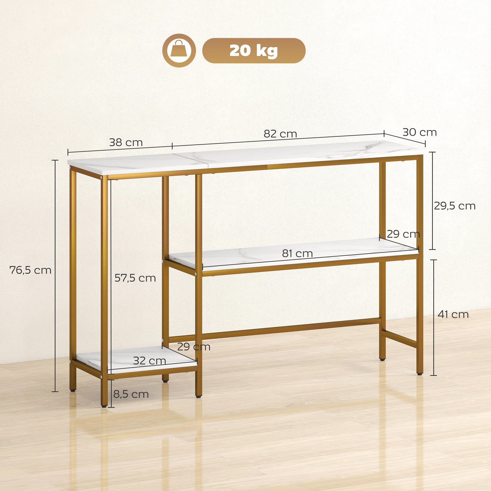 Console Table 47.2 in, 3-Tier Console with Shelves, Marble-Effect Tops, Metal Frame, Entryway & Hall Table, White/Gold