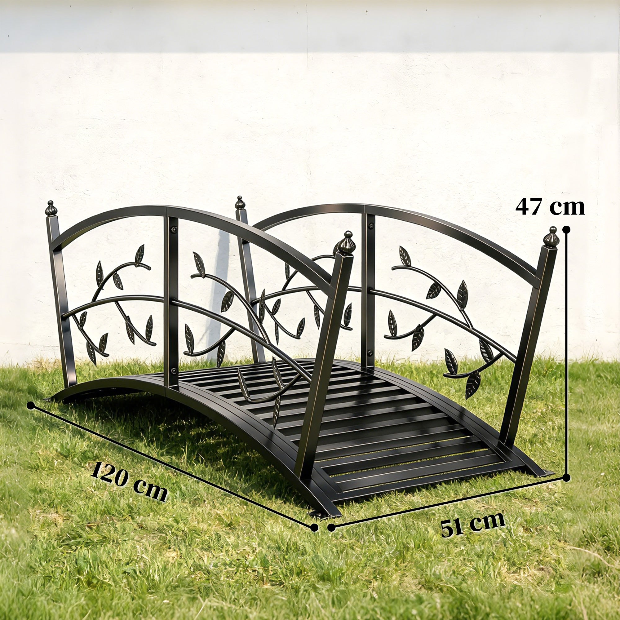 Metal Garden Bridge, 47 in (120 cm) Decorative Pond Bridge with Safety Handrails, Vine & Leaf Design, 220 lb Capacity, Powder-Coated Black — Easy Assembly