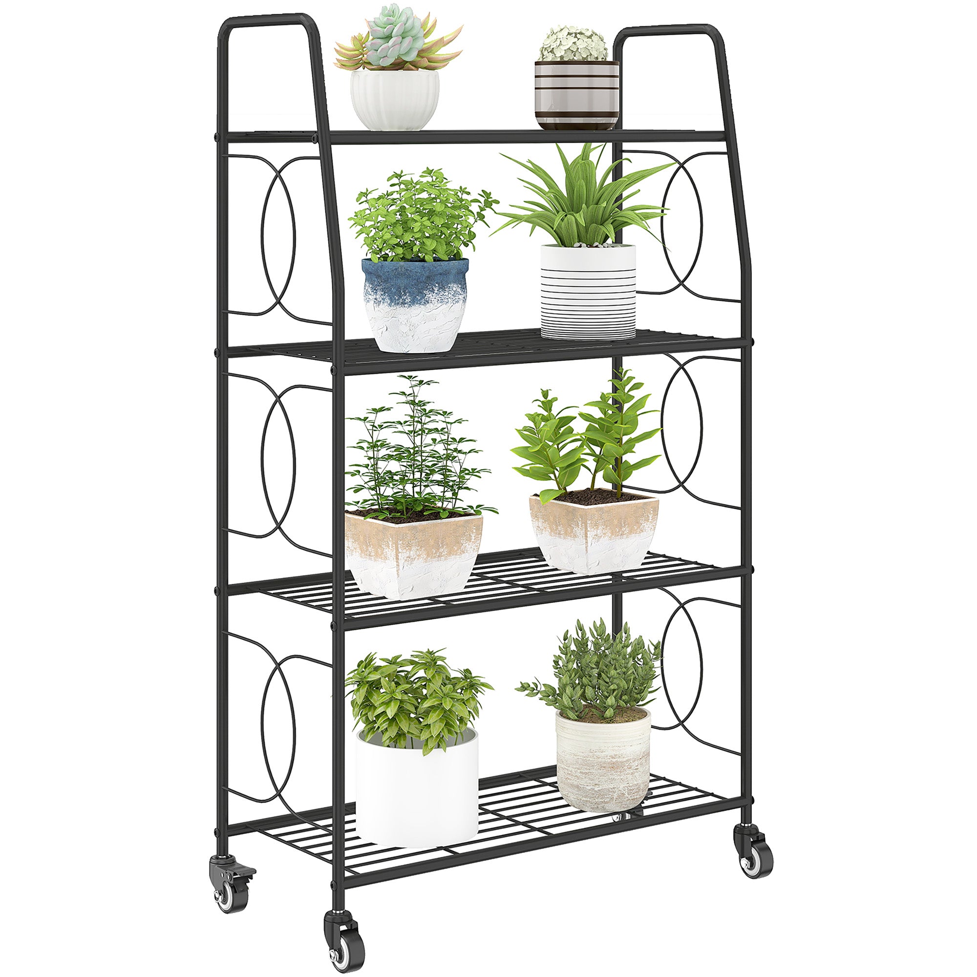 4-Tier Metal Plant Stand with Wheels & Handles, 44.9 in High — Multi-Layer Pot Rack for Garden, Balcony & Indoor (Black)
