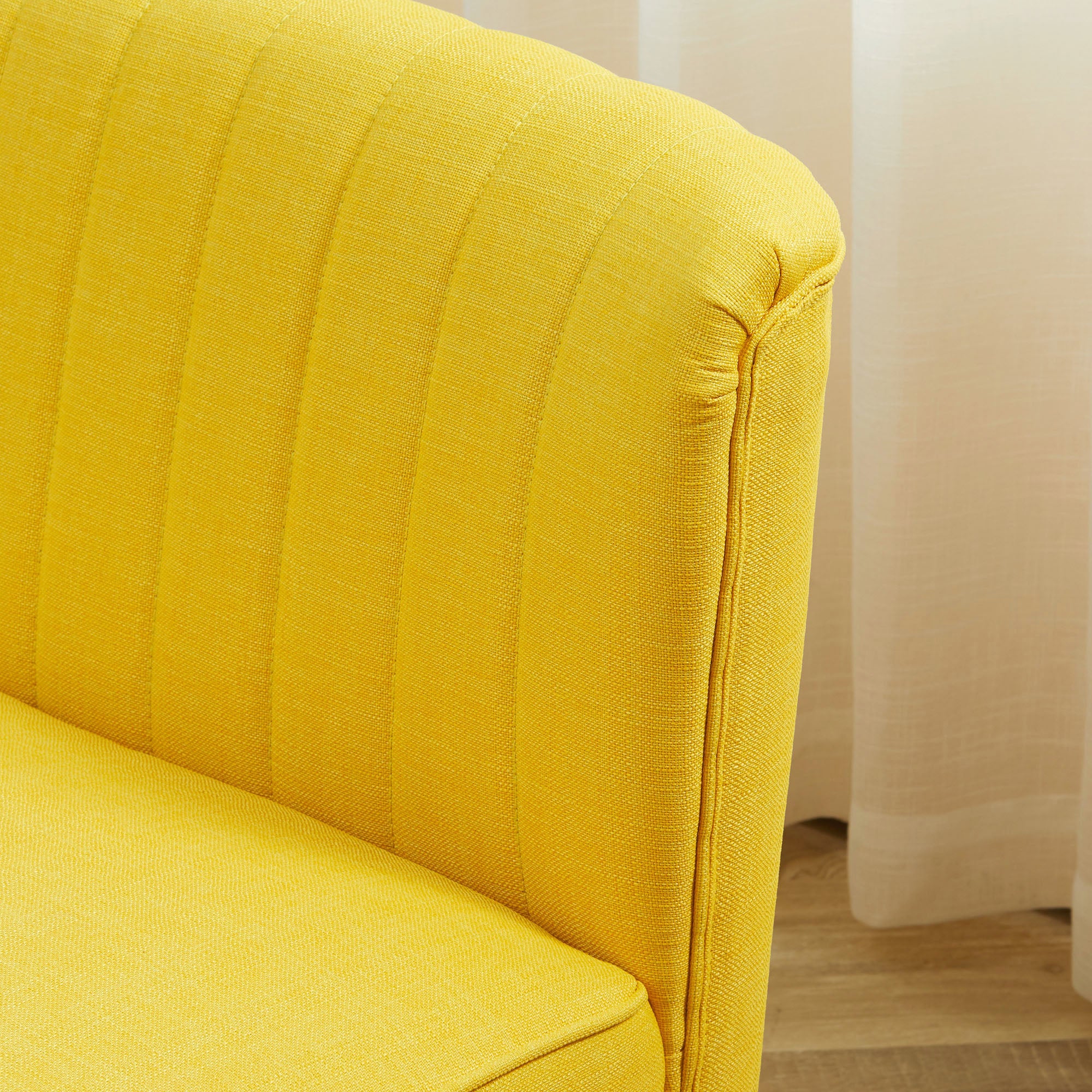 Armless 2-Seater Fabric Sofa with Decorative Stitching — Padded, Space-Saving Modern Sofa with Rubberwood Legs, 46.1 x 22.2 x 30.3 in, Yellow