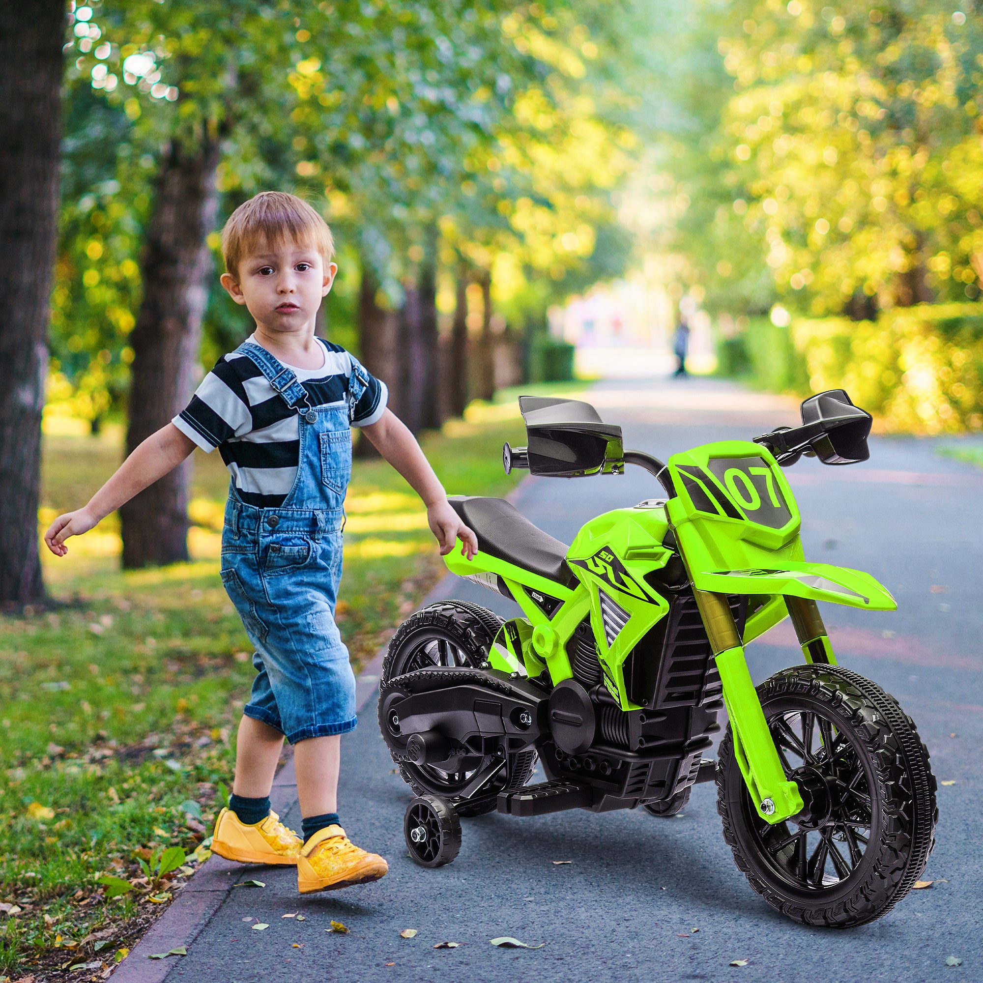 12V Electric Children's Motorbike, Kids' Motorcycle with Training Wheels, up to 3 km/h, Electric Bike with Horn and Start Sound, Children's Vehicle for 3-8 Years Kids, max 30 kg, Green