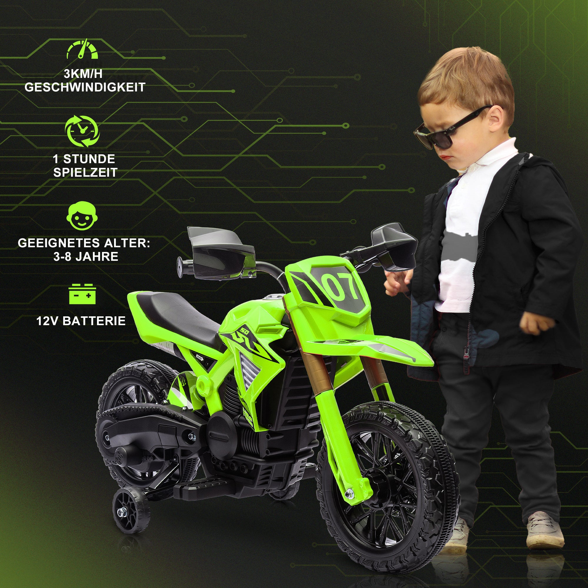 12V Electric Children's Motorbike, Kids' Motorcycle with Training Wheels, up to 3 km/h, Electric Bike with Horn and Start Sound, Children's Vehicle for 3-8 Years Kids, max 30 kg, Green