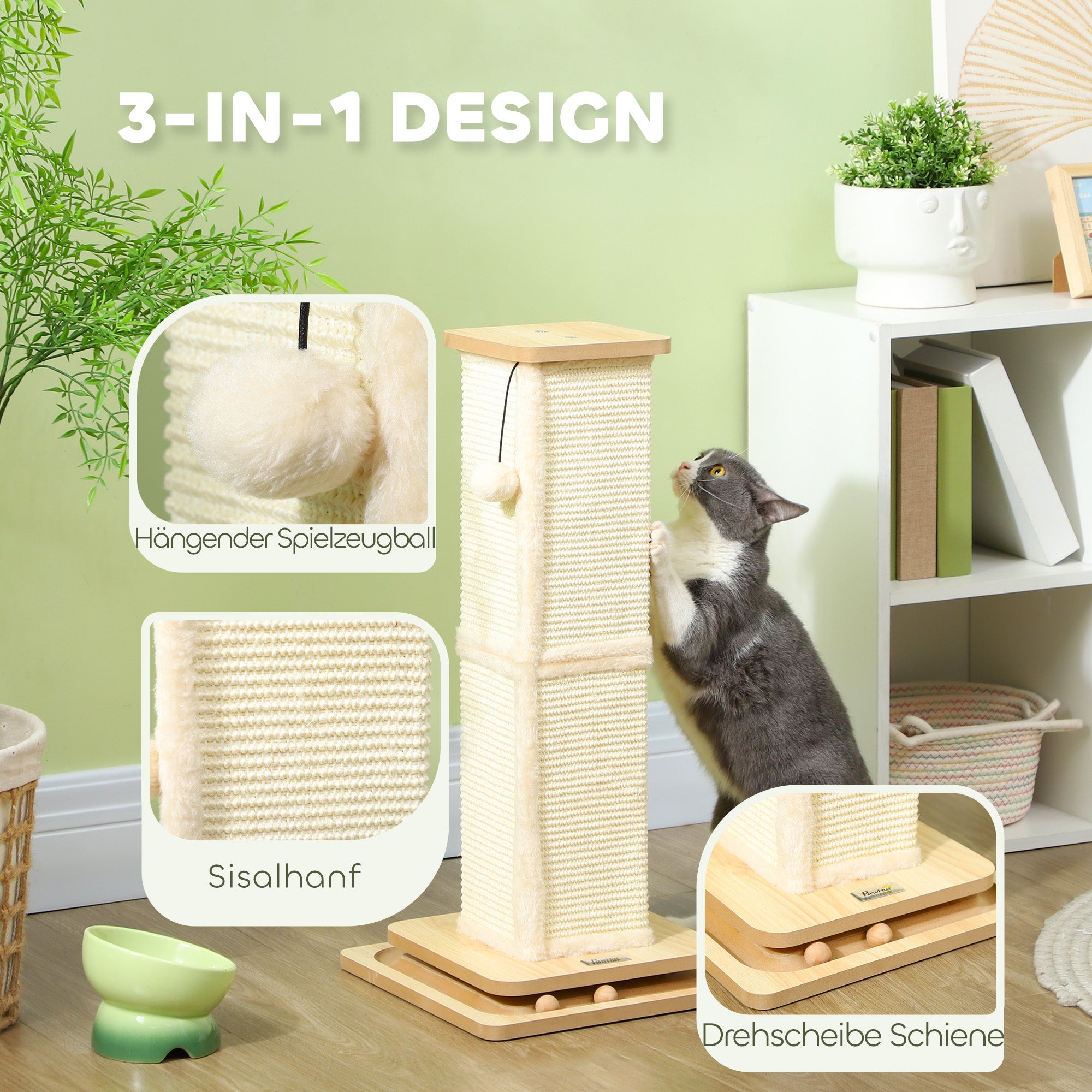 3-in-1 Scratching Post, 67cm Scratching Column, Sisal Cat Scratching Tree with Play Ball, Cat Scratching Furniture, Indoor, Oak