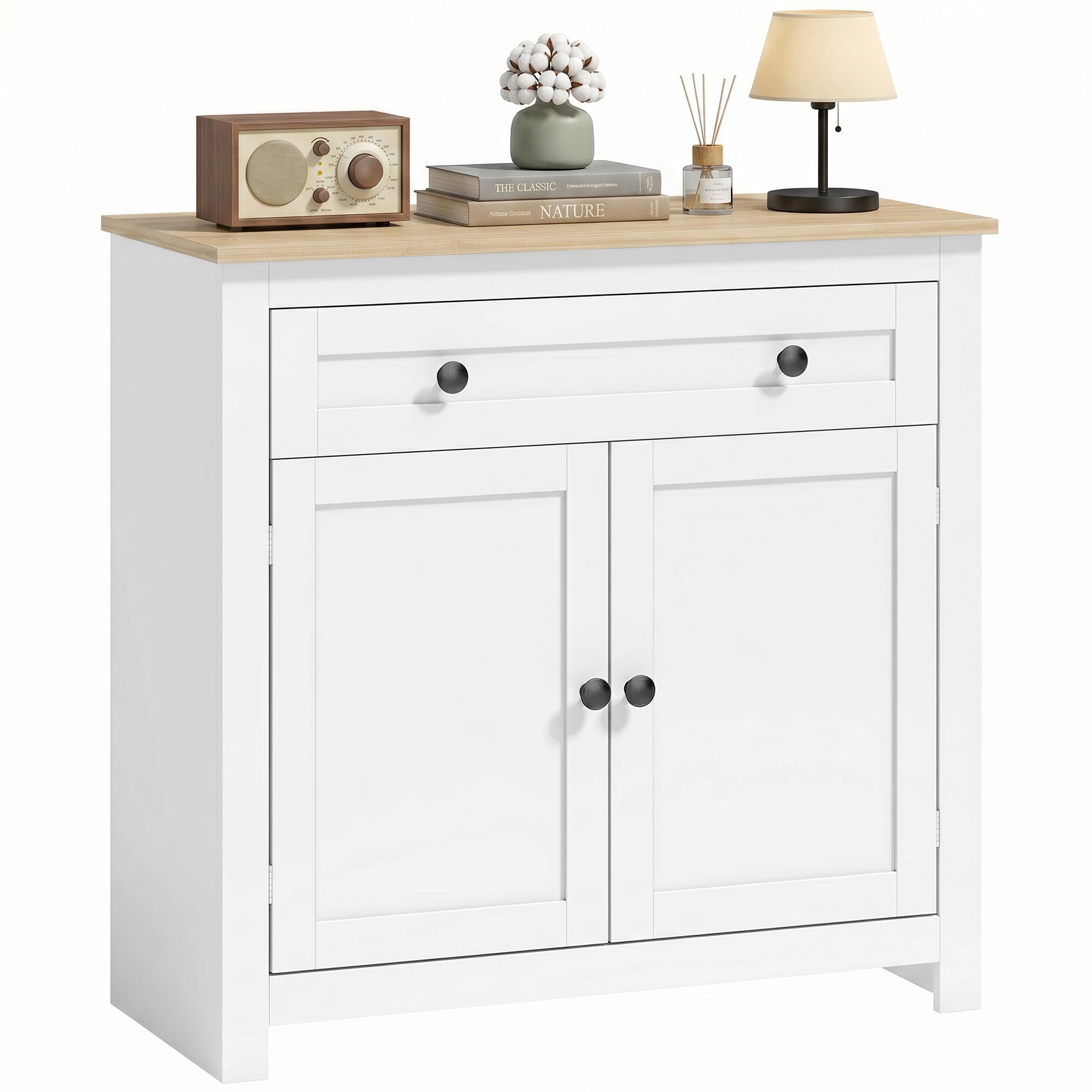 Sideboard Kitchen Cabinet with Drawer, Double Doors & Adjustable Shelf, White Oak-Effect — 30.9 x 13.8 x 31.5 in
