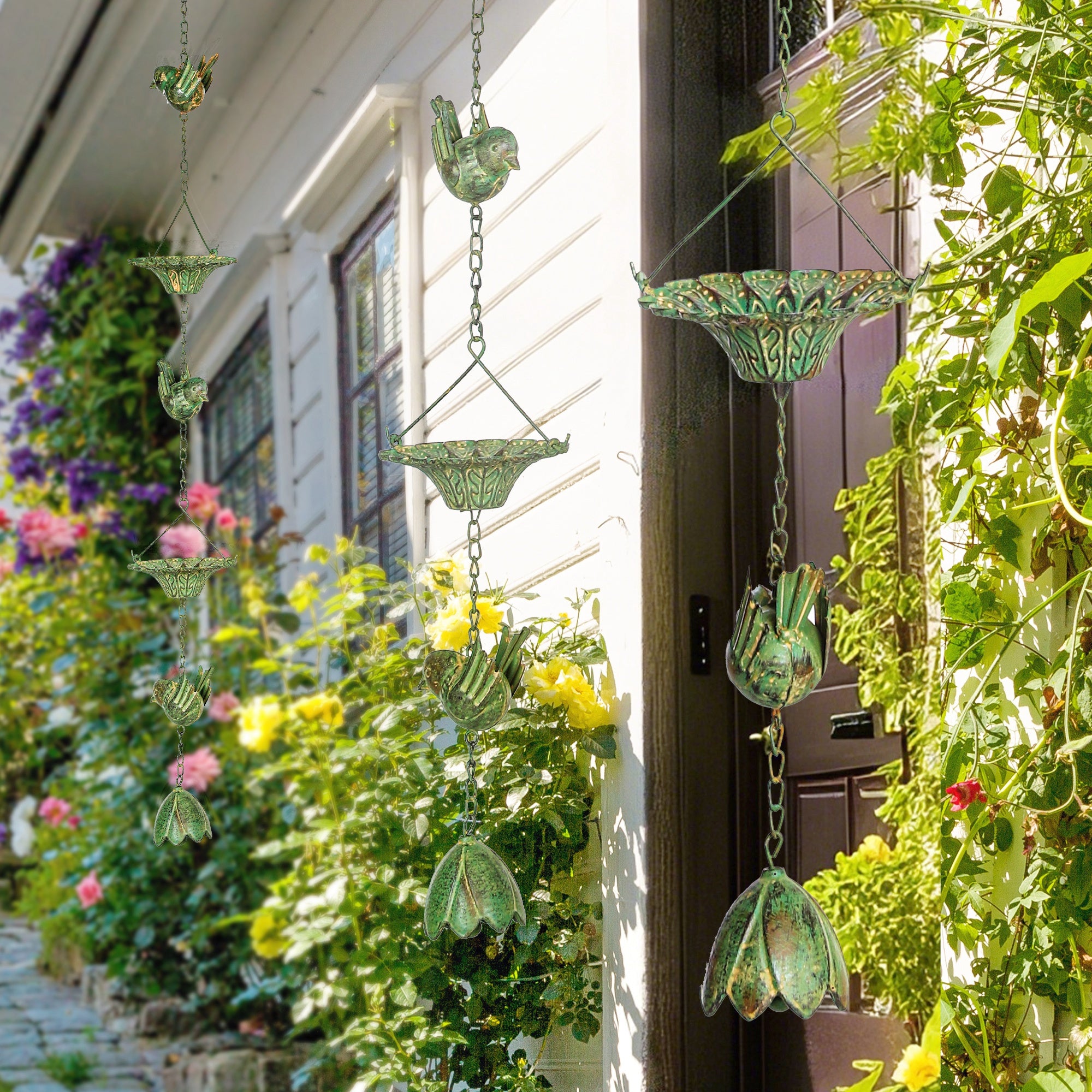 3-Piece Set Rain Chain 123cm Metal Rain Drainage Chain with Attached Hook Birds Bell Gutter Chain Rainwater Chain Rain Catcher Chain for Gutters Rain Collector Rain Chains