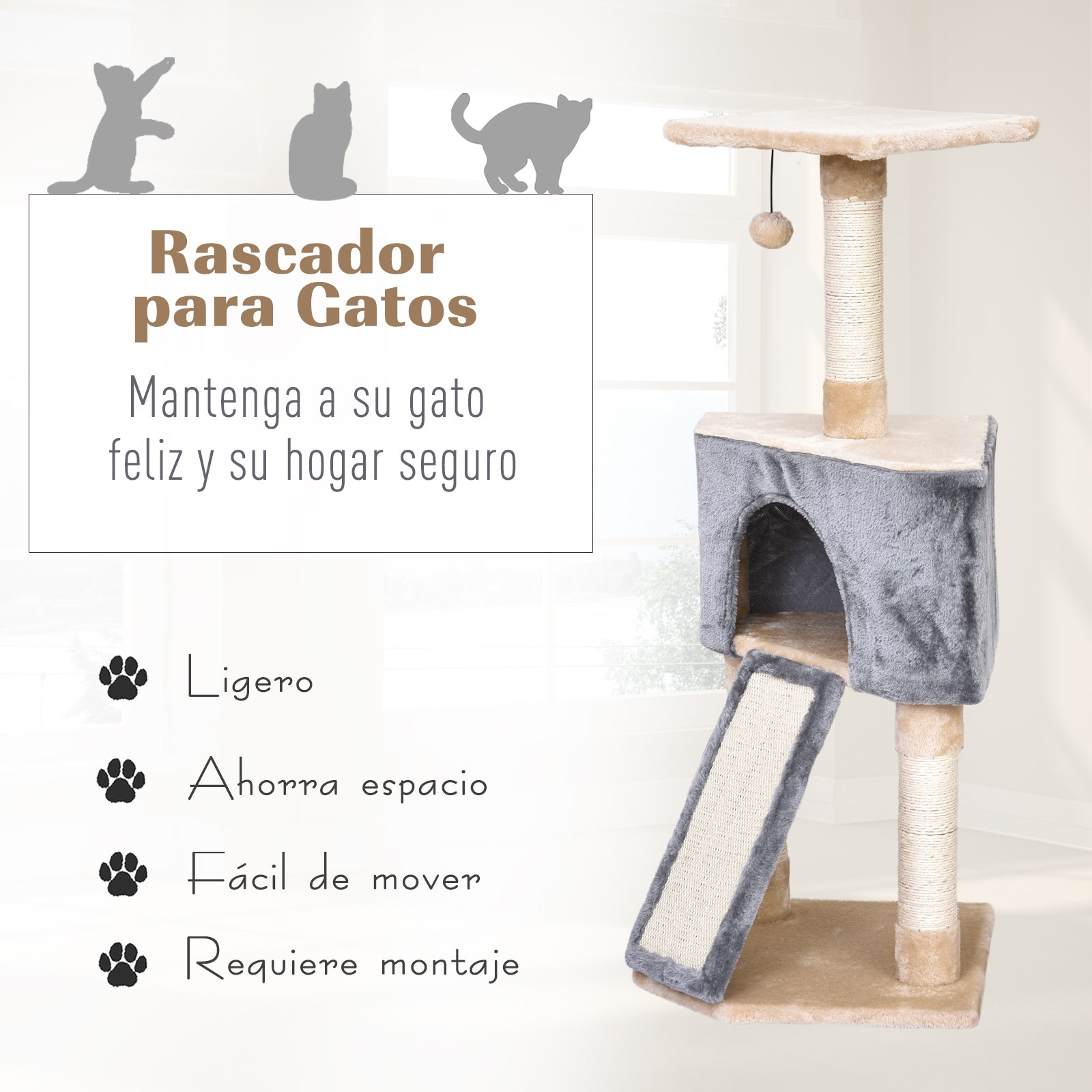 Cat Scratching Tree 40x40x98 cm with Cave Hanging Toy Ramp Scratcher and Sisal Rope Posts Gray and Beige
