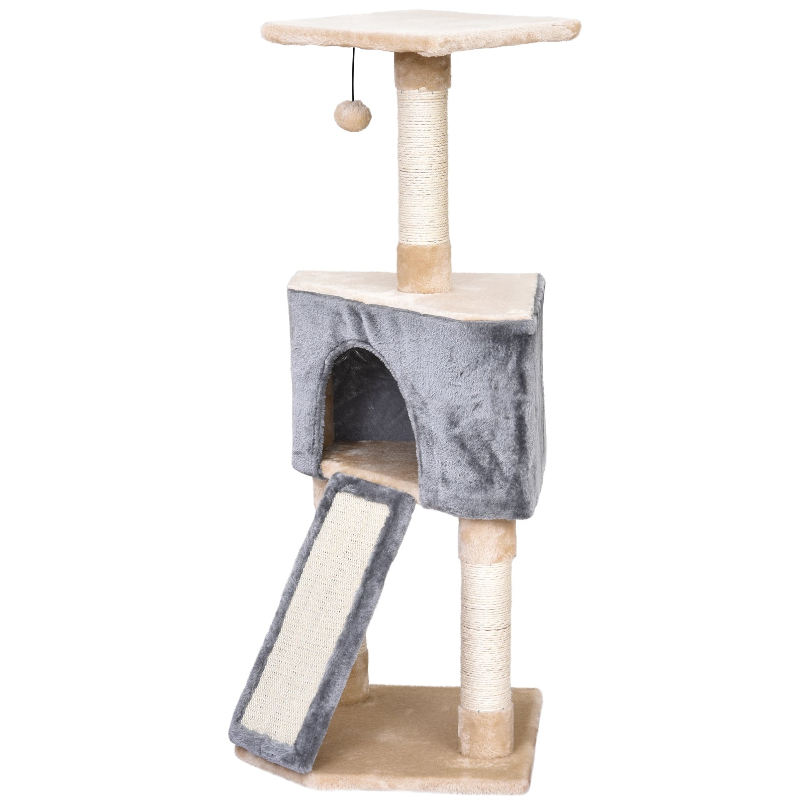 Cat Scratching Tree 40x40x98 cm with Cave Hanging Toy Ramp Scratcher and Sisal Rope Posts Gray and Beige