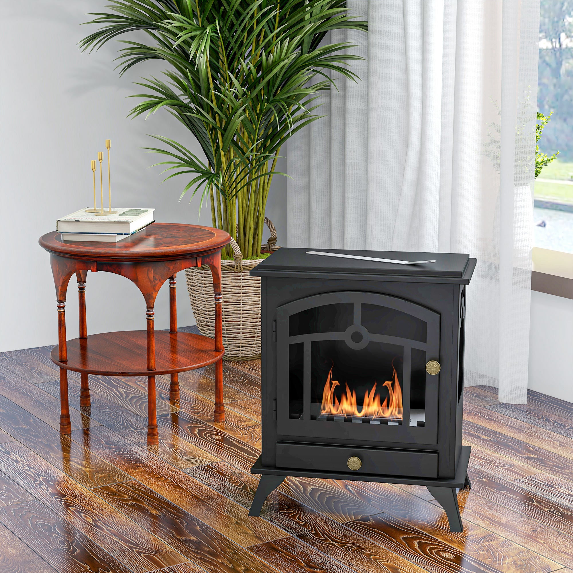 Freestanding Bioethanol Fireplace Stove with 1.2 L Stainless Steel Burner Extinguishing Lamp 3H Combustion Time for Indoors 20-25 m² 45x28x54 cm Black