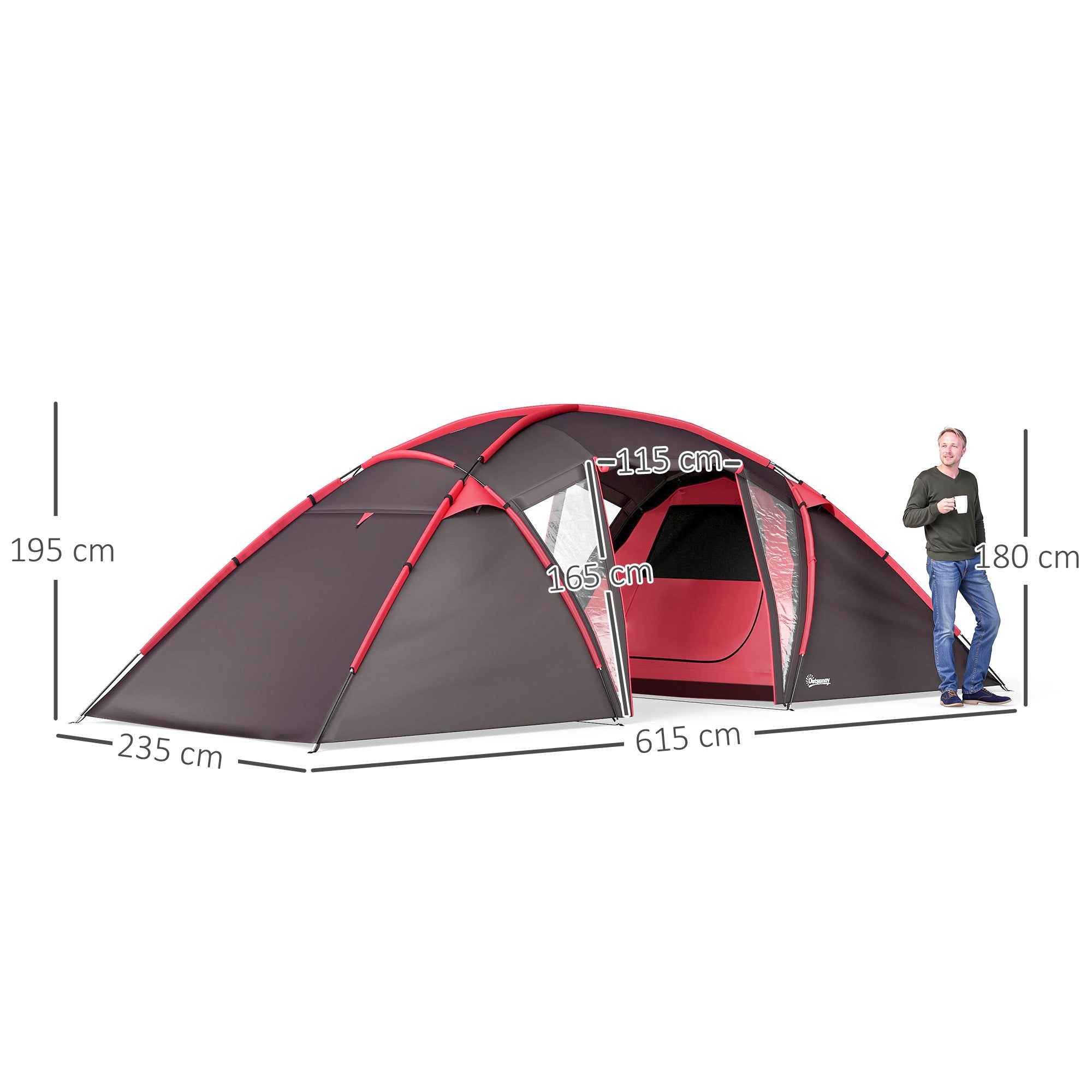 Tunnel Tent for 4-6 People, with 3 Rooms, Light Hook, Group Tent with Double Doors, 3000mm Water Resistant Family Tent, for Garden, Campsite, Grey