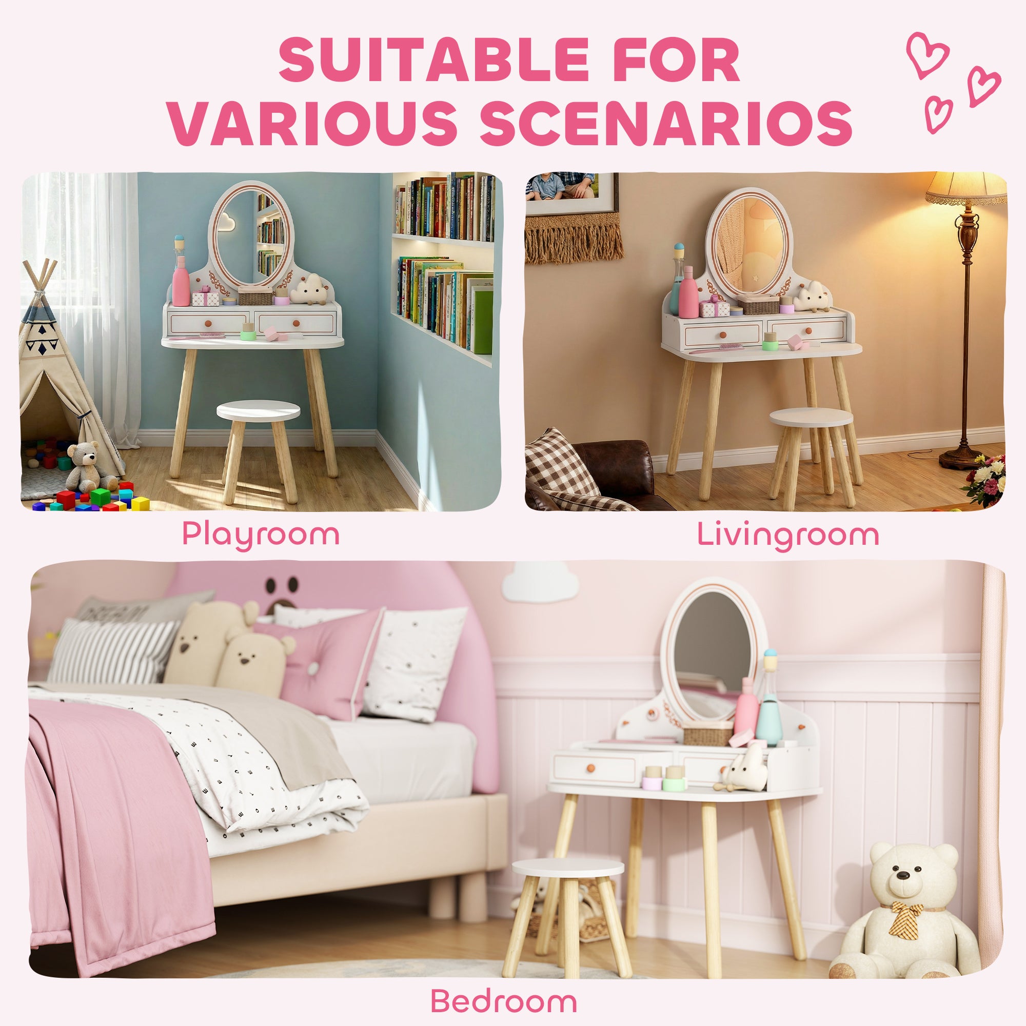 Kids Vanity Set with Stool & Mirror — Makeup Table with Drawers & Hanging Rods for Girls, Ages 3–8 — White