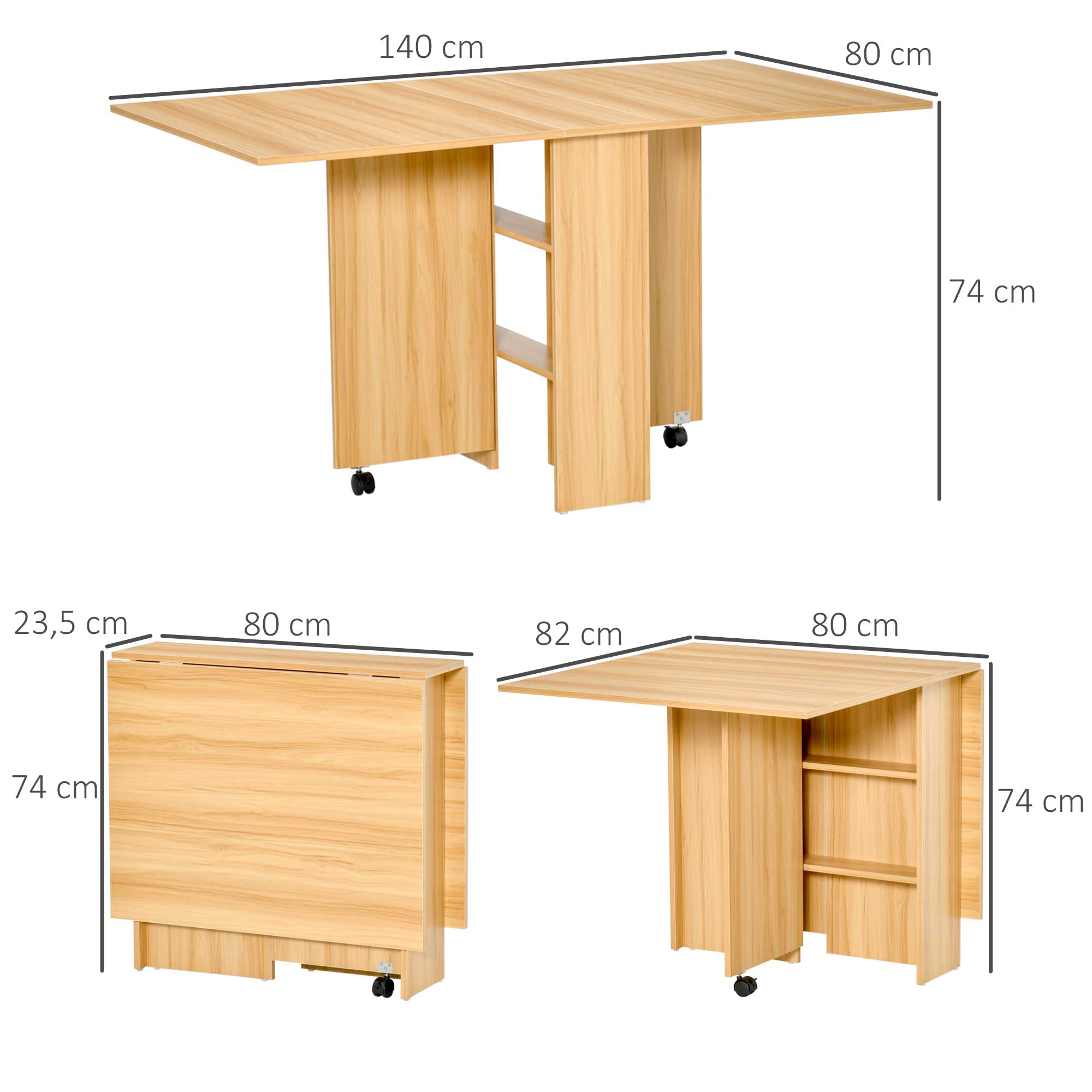Folding Dining Table Kitchen Table with Wheels Foldable Wings Shelves for 4-6 People 80x140x74cm Natural Wood