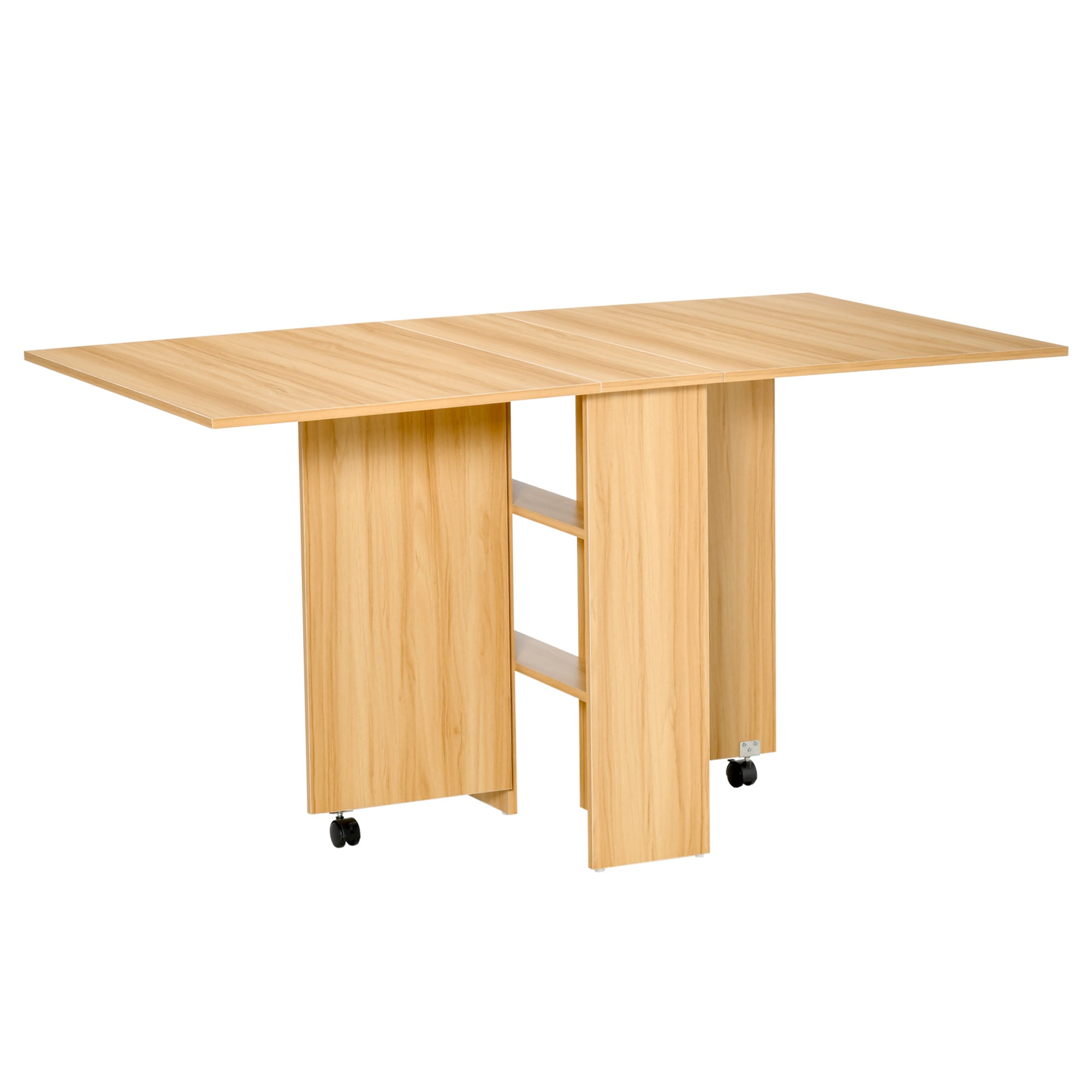 Folding Dining Table Kitchen Table with Wheels Foldable Wings Shelves for 4-6 People 80x140x74cm Natural Wood