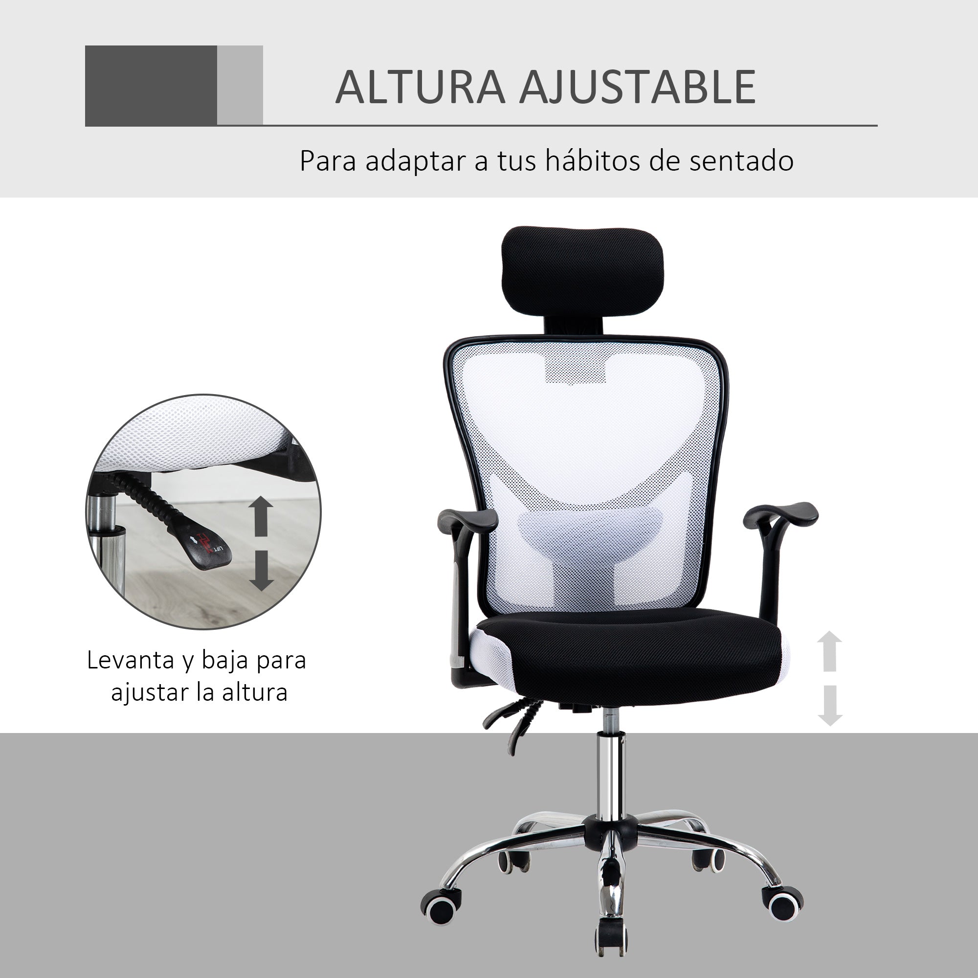 Mesh Office Chair with Adjustable Height Reclining Function Adjustable Headrest and Lumbar Support 62x67x108-118 cm White