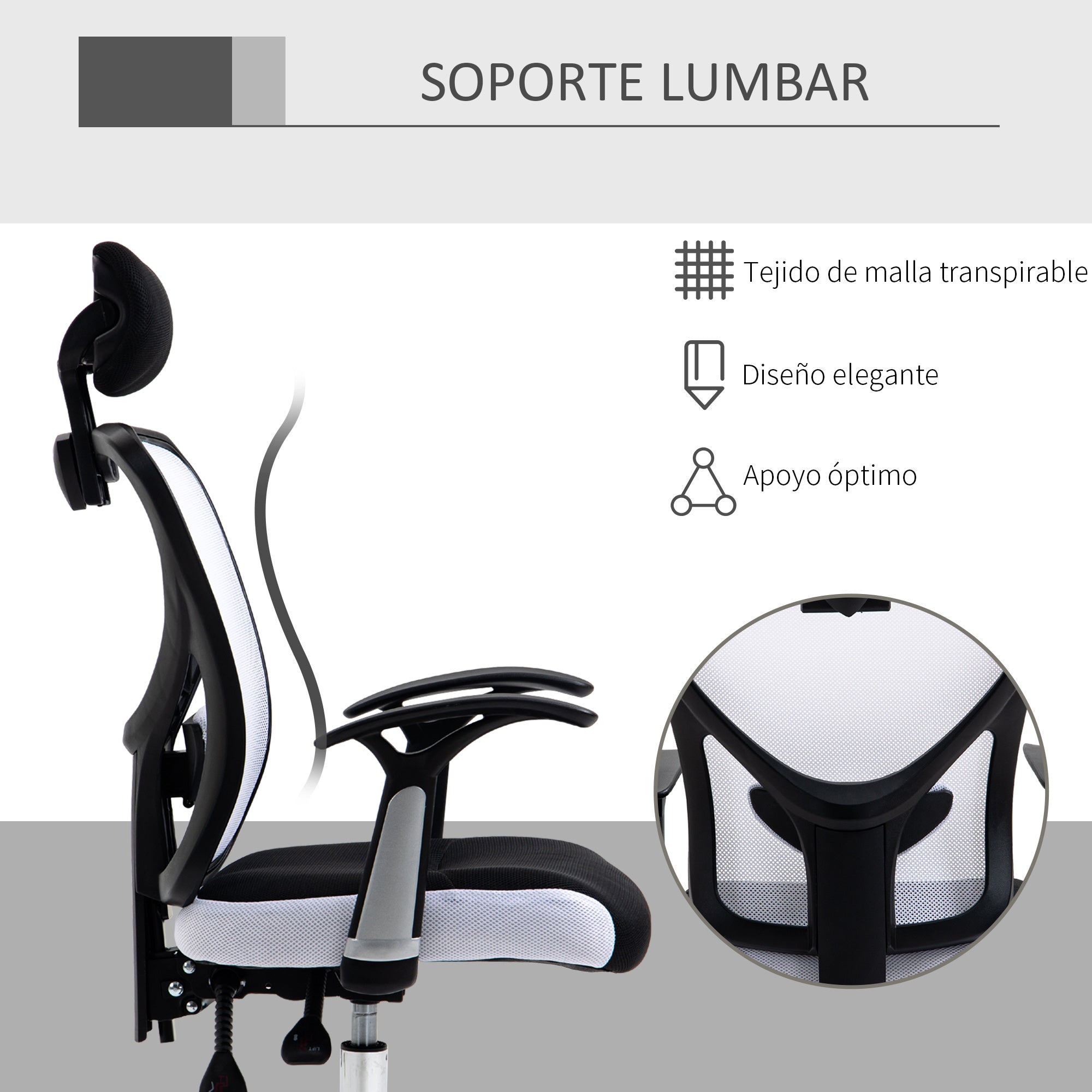 Mesh Office Chair with Adjustable Height Reclining Function Adjustable Headrest and Lumbar Support 62x67x108-118 cm White