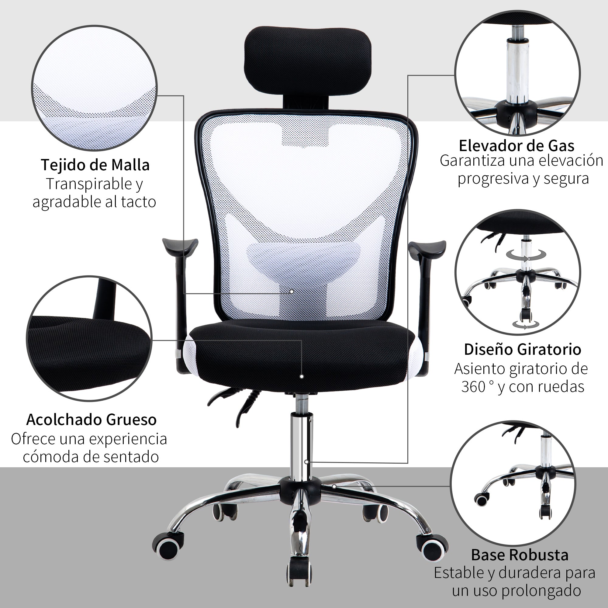 Mesh Office Chair with Adjustable Height Reclining Function Adjustable Headrest and Lumbar Support 62x67x108-118 cm White
