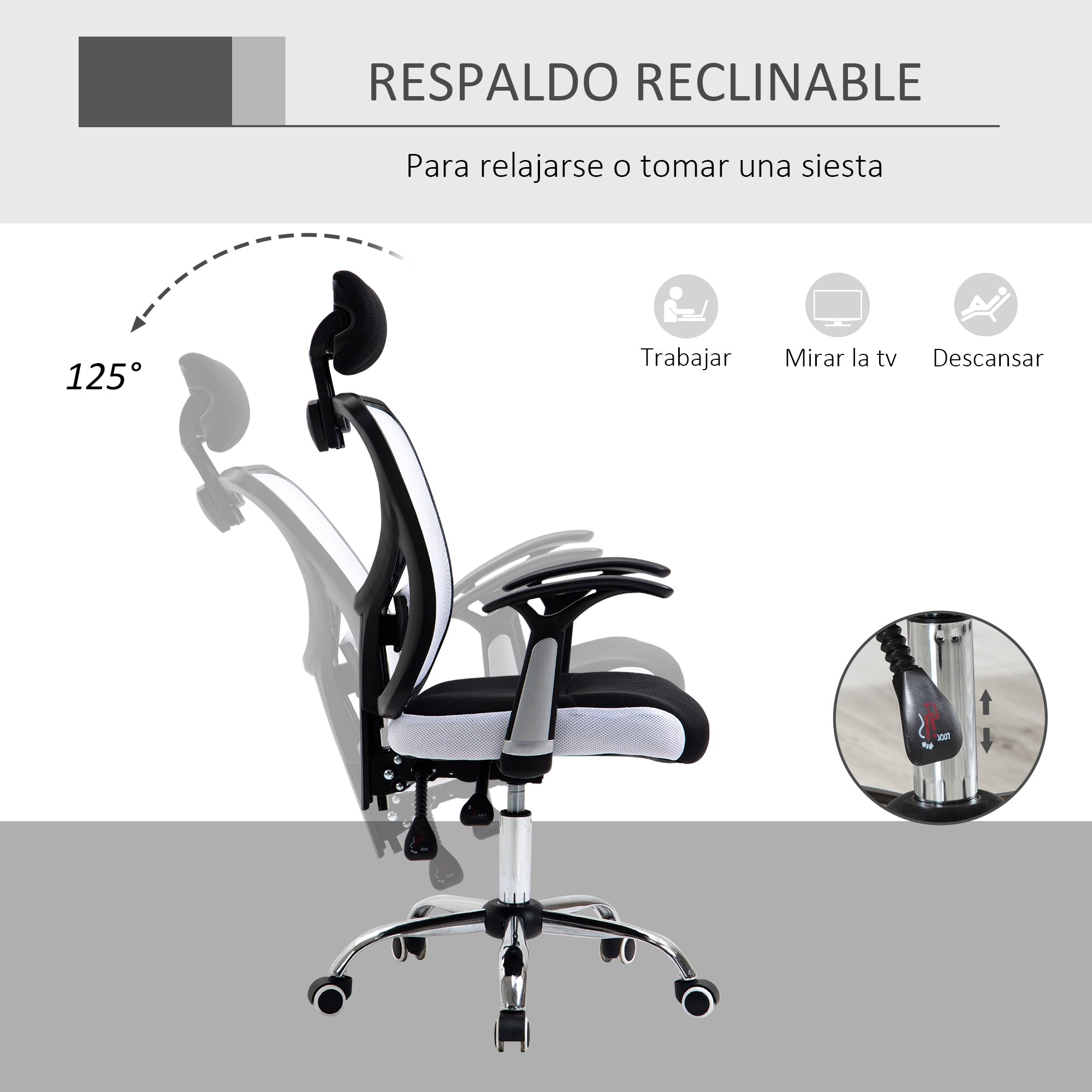 Mesh Office Chair with Adjustable Height Reclining Function Adjustable Headrest and Lumbar Support 62x67x108-118 cm White
