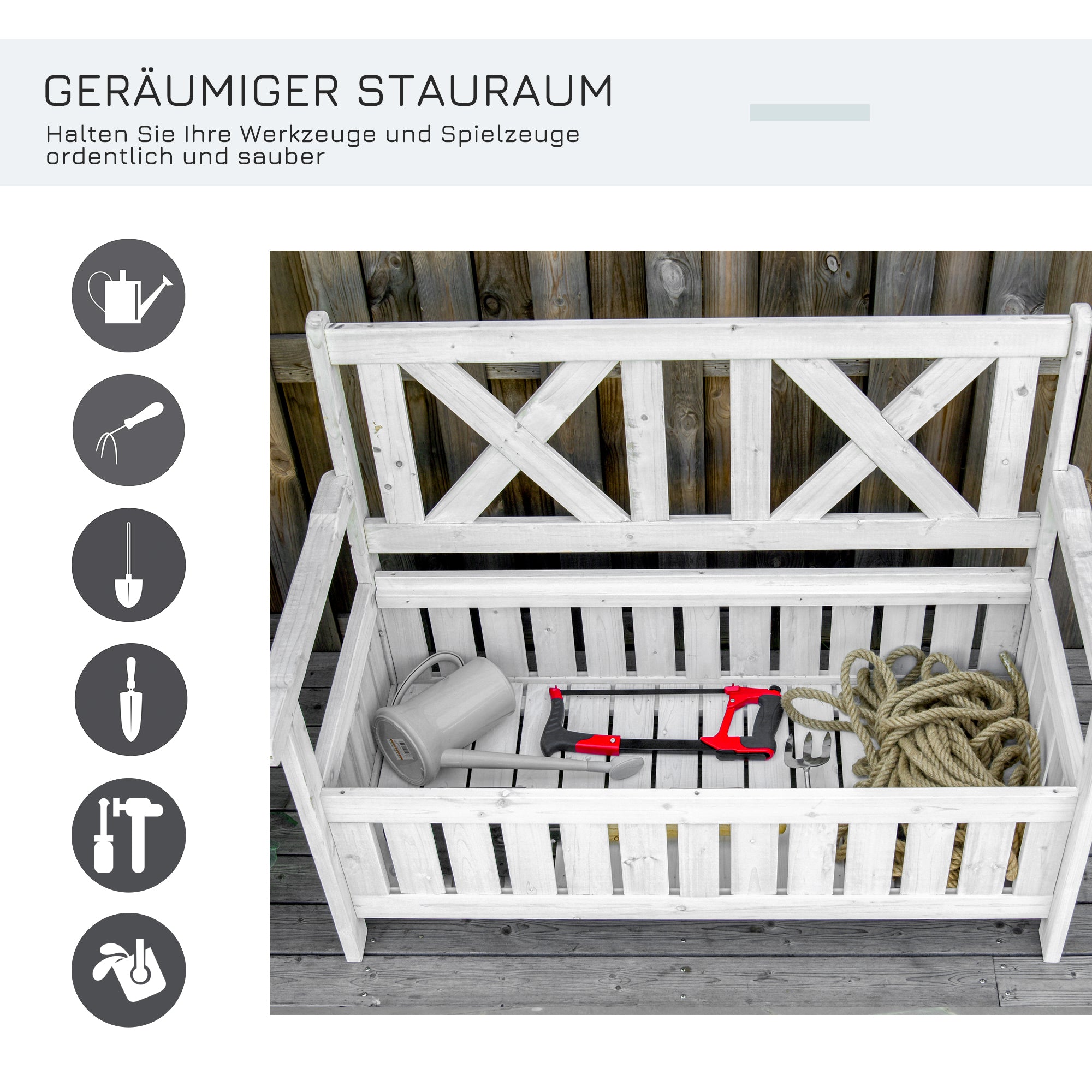 Storage Bench 2-Seater Garden Trunk Bench Cushion Trunk Storage White 115 x 61 x 85 cm