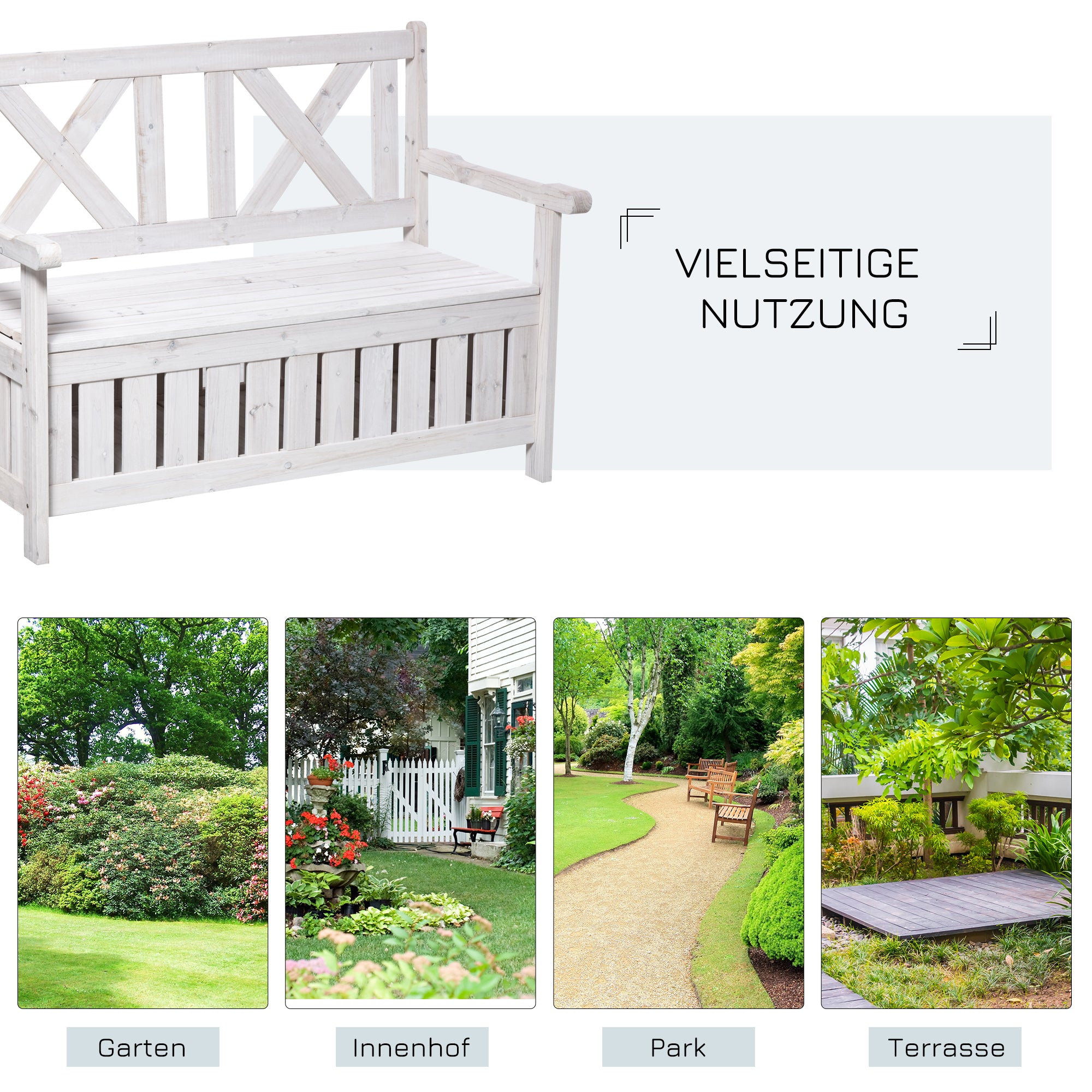 Storage Bench 2-Seater Garden Trunk Bench Cushion Trunk Storage White 115 x 61 x 85 cm