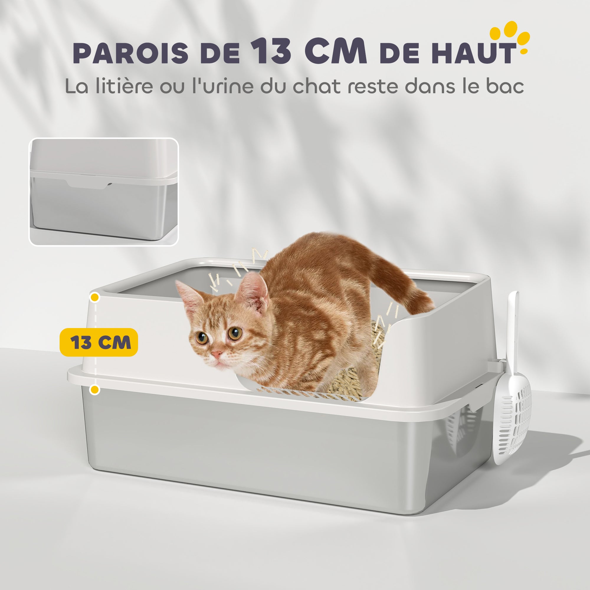 Cat Litter Box, Stainless Steel Cat Litter Box with High Sides, Shovel, Easy Cleaning, Odor Resistant, Suitable for Large Cats, 60 x 40 x 28 cm, Light Gray