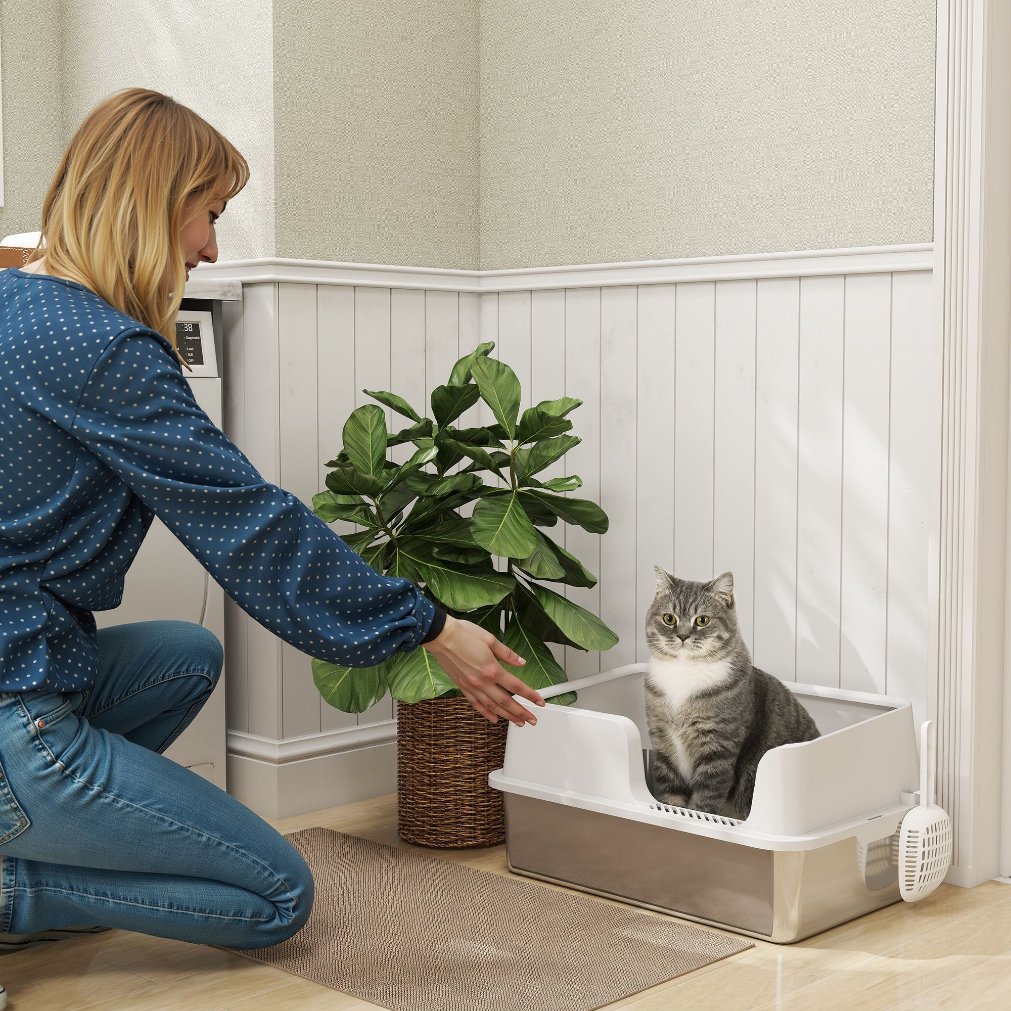 Cat Litter Box, Stainless Steel Cat Litter Box with High Sides, Shovel, Easy Cleaning, Odor Resistant, Suitable for Large Cats, 60 x 40 x 28 cm, Light Gray
