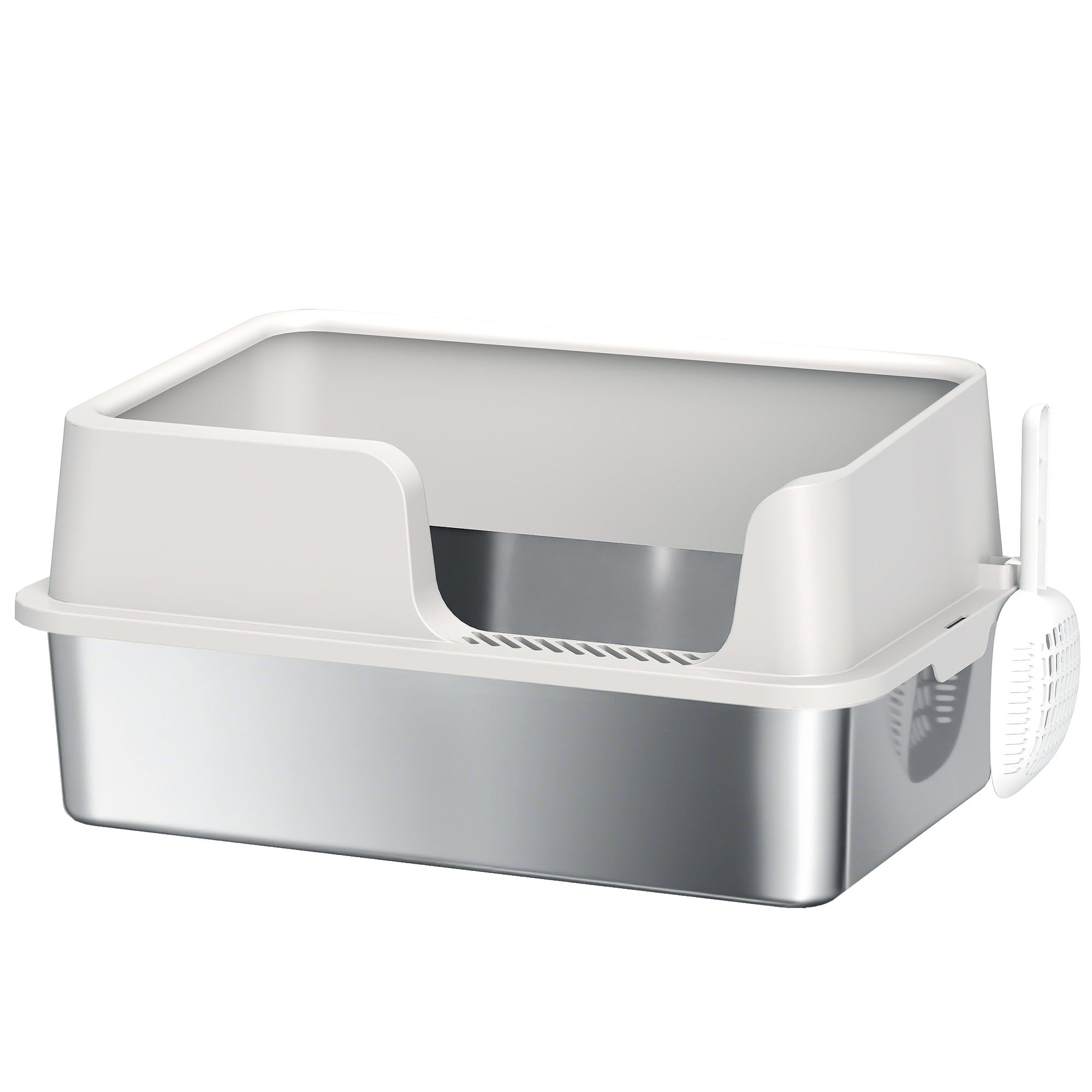 Cat Litter Box, Stainless Steel Cat Litter Box with High Sides, Shovel, Easy Cleaning, Odor Resistant, Suitable for Large Cats, 60 x 40 x 28 cm, Light Gray