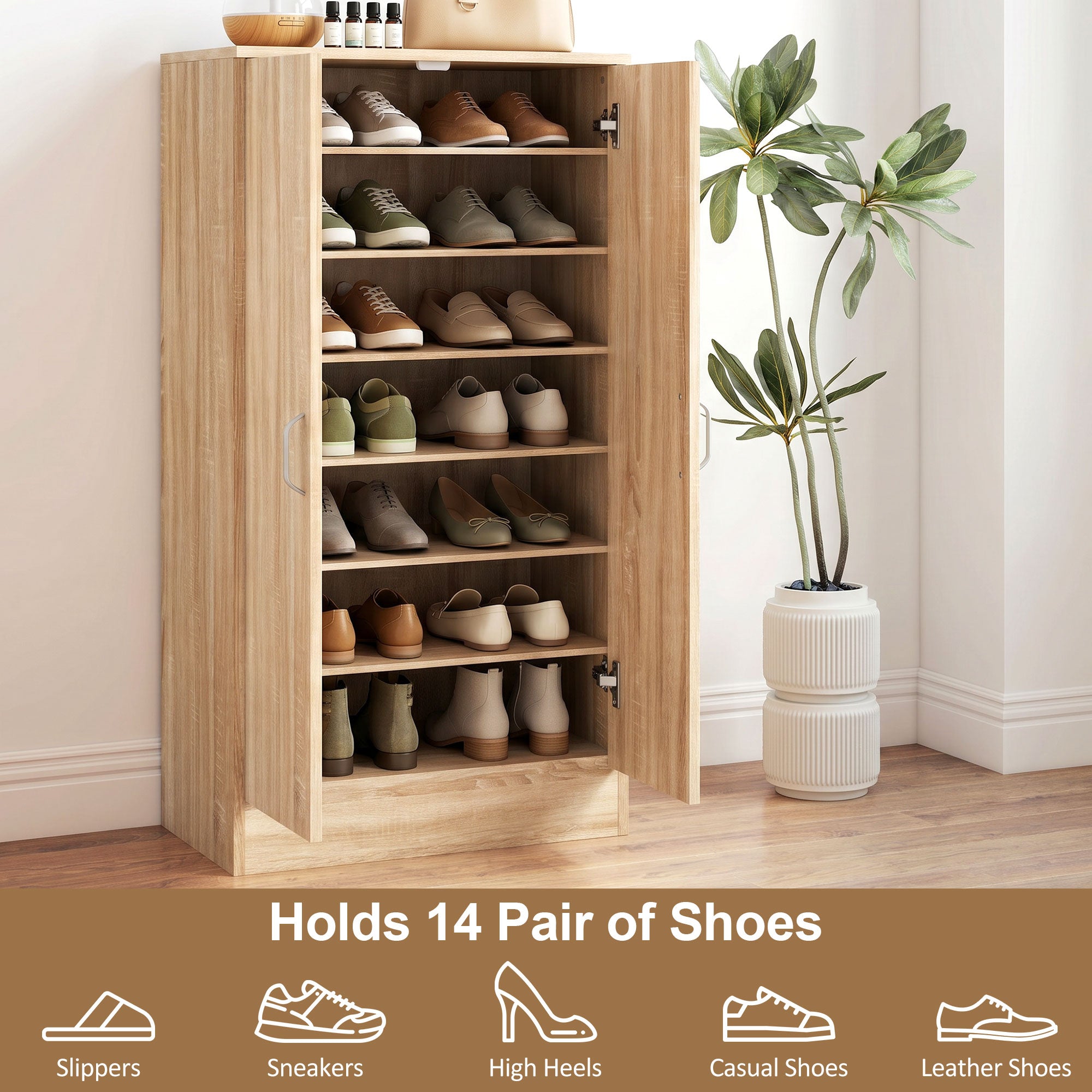 2-Door Shoe Cabinet with 6 Adjustable Shelves, Soft-Close Doors, Stores up to 14 Pairs, Natural Wood Finish (55 x 35 x 108 cm)